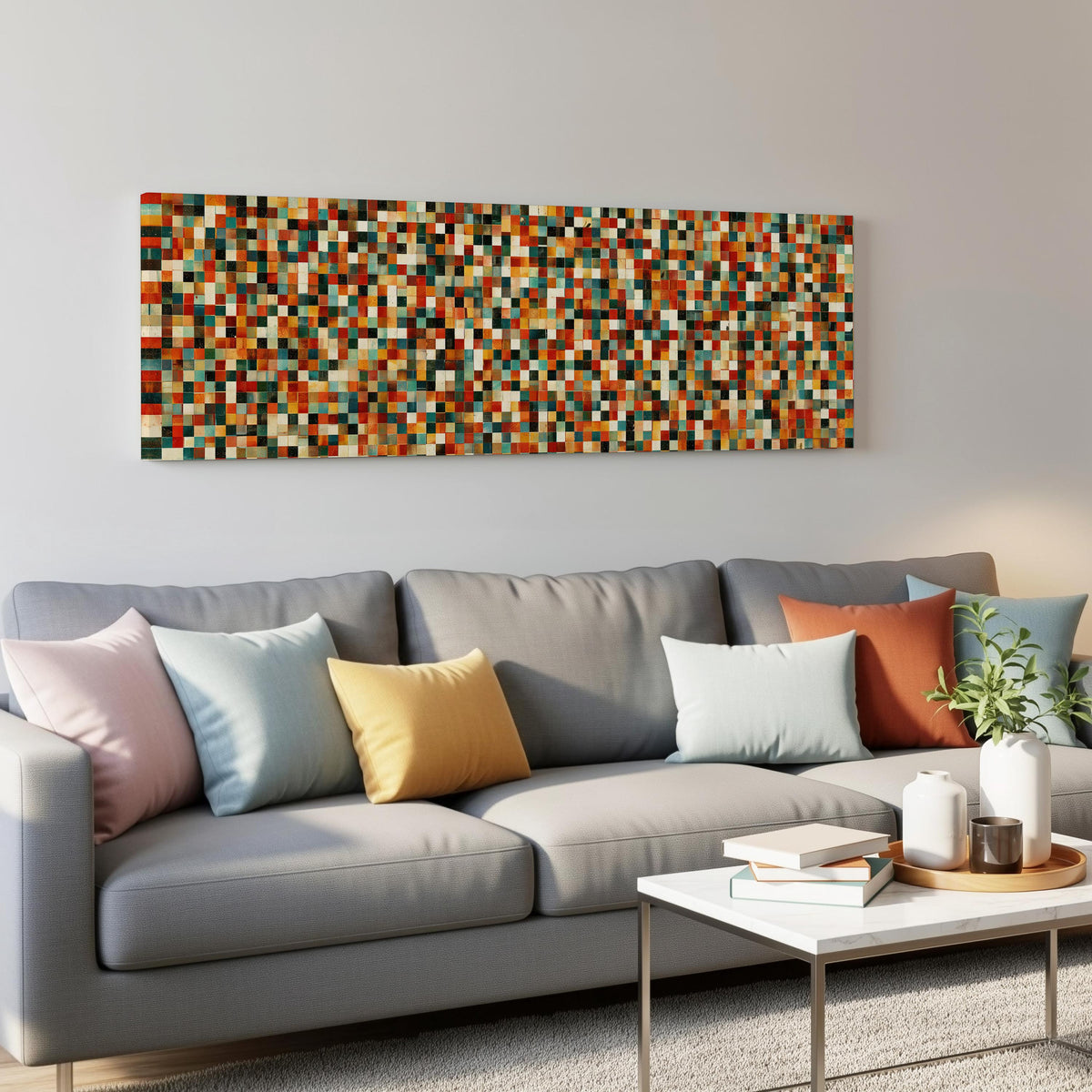 Dense autumn mosaic tiles panoramic canvas print above a grey sofa in a living room