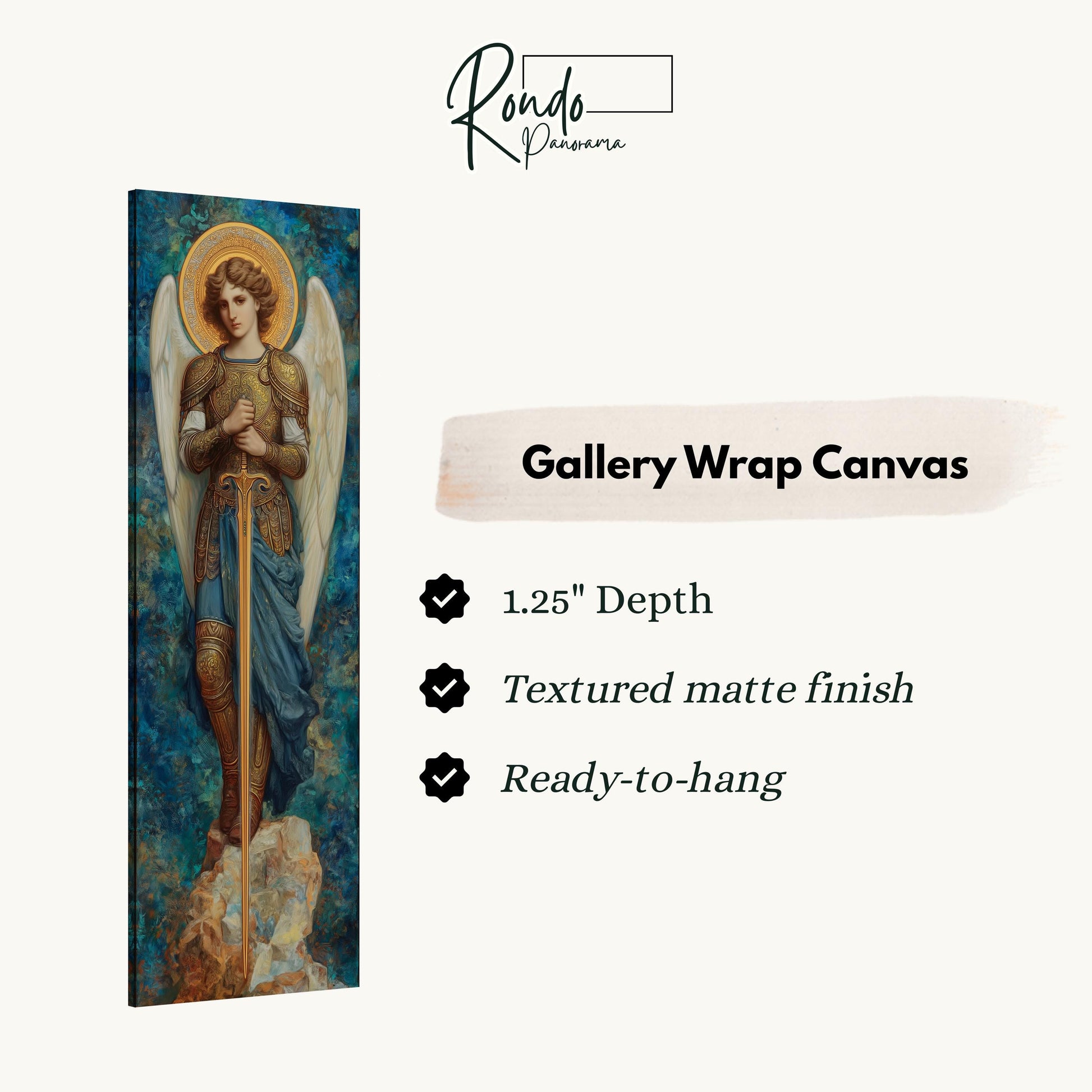The image is a gallery wrap canvas featuring a painting of a woman with wings, dressed in blue and gold, standing on a rock.