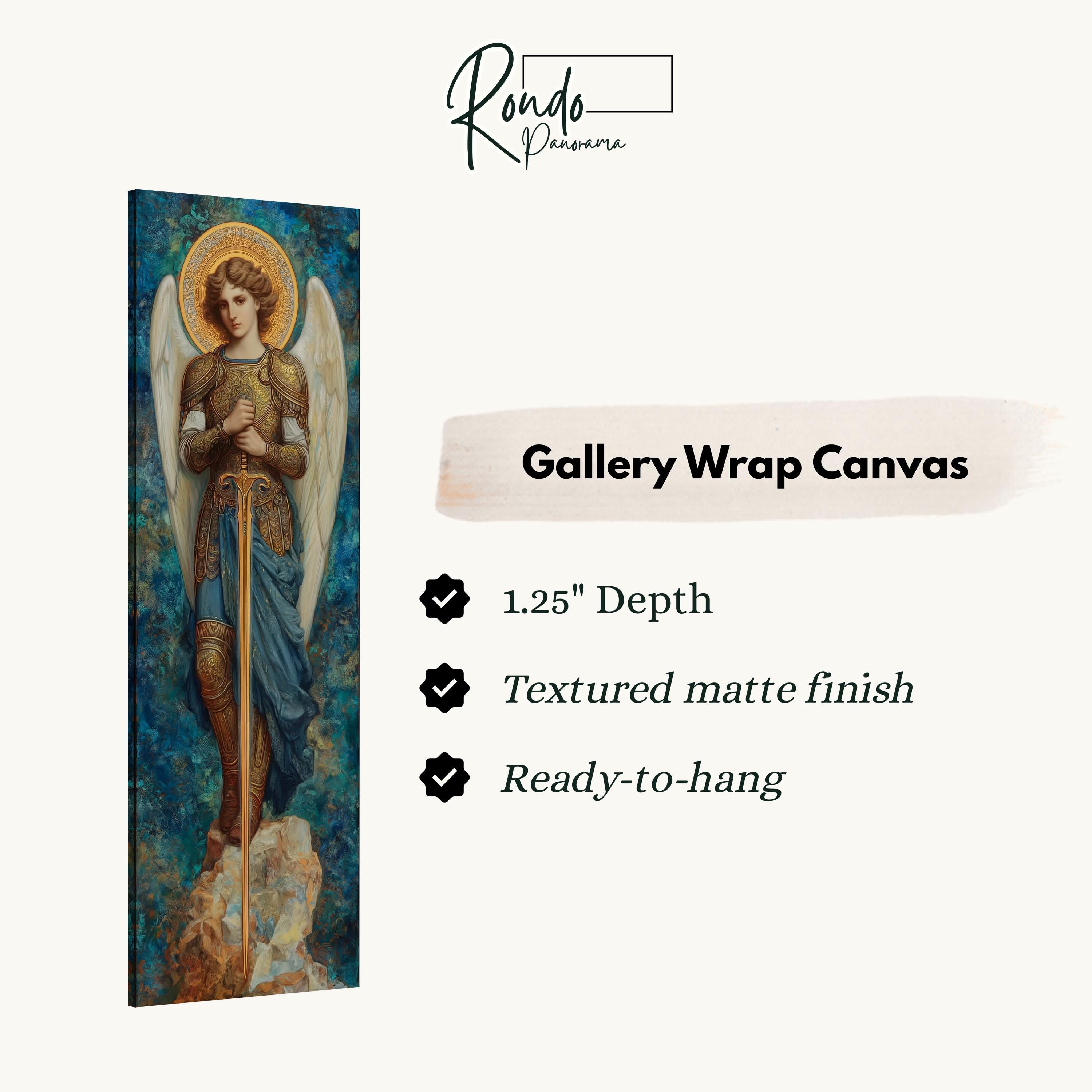 The image is a gallery wrap canvas featuring a painting of a woman with wings, dressed in blue and gold, standing on a rock.