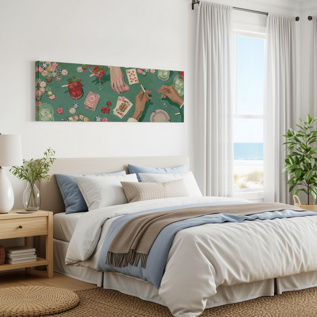 Vintage card game on green felt panoramic canvas print above a bed in a coastal bedroom