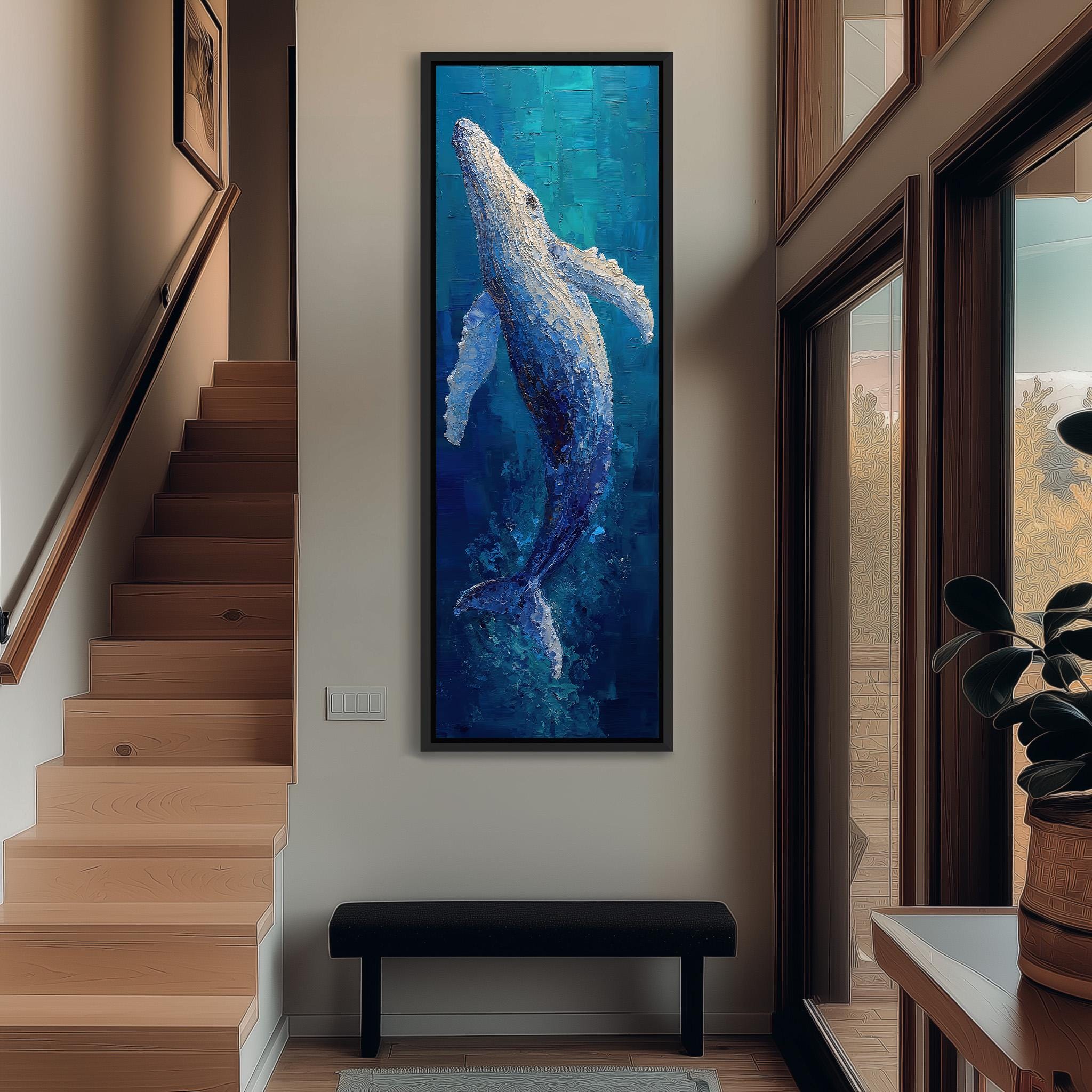 a large painting of a whale in the center of a room with a wooden staircase and a bench.