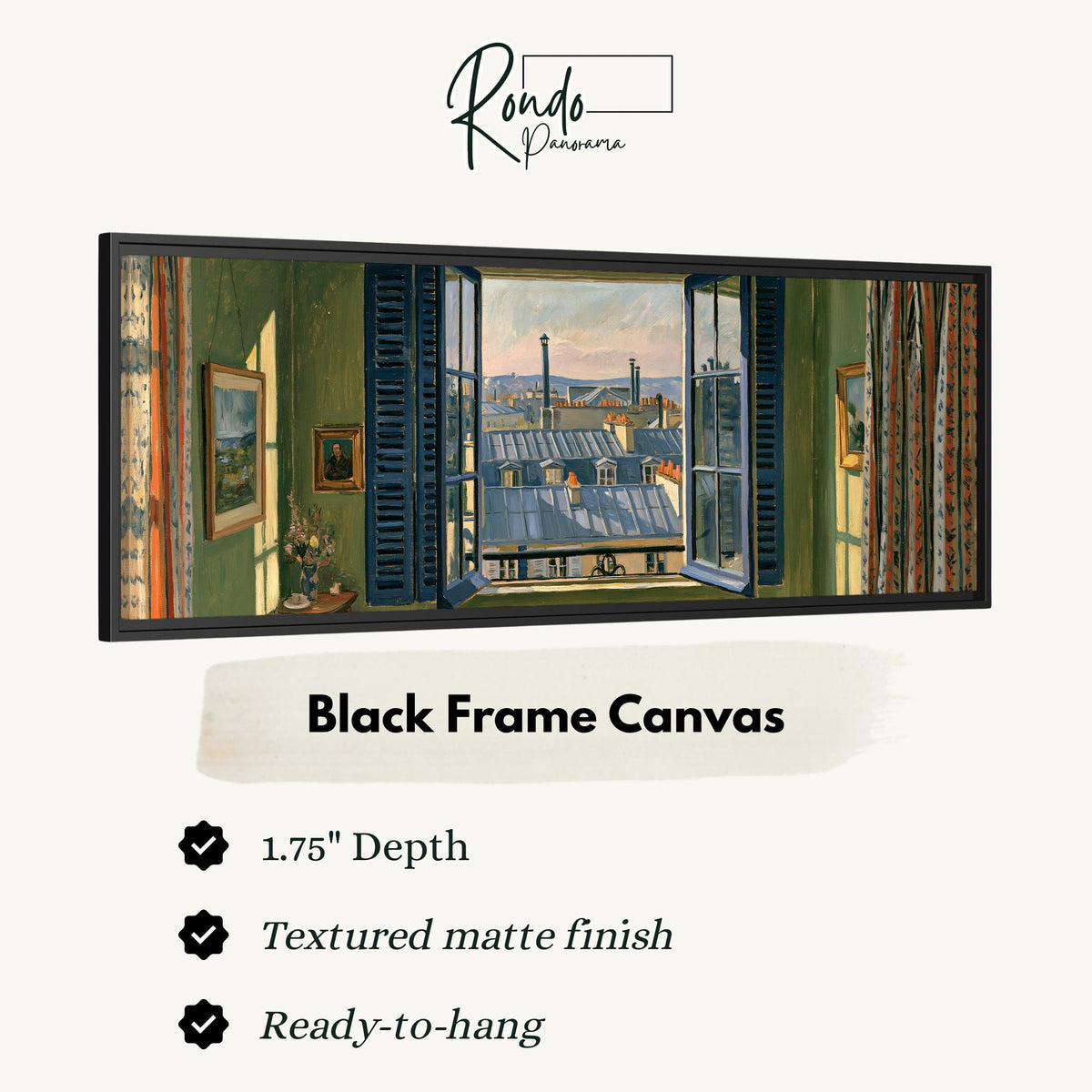 Paris zinc rooftops seen through a green room window canvas print in a black floating frame