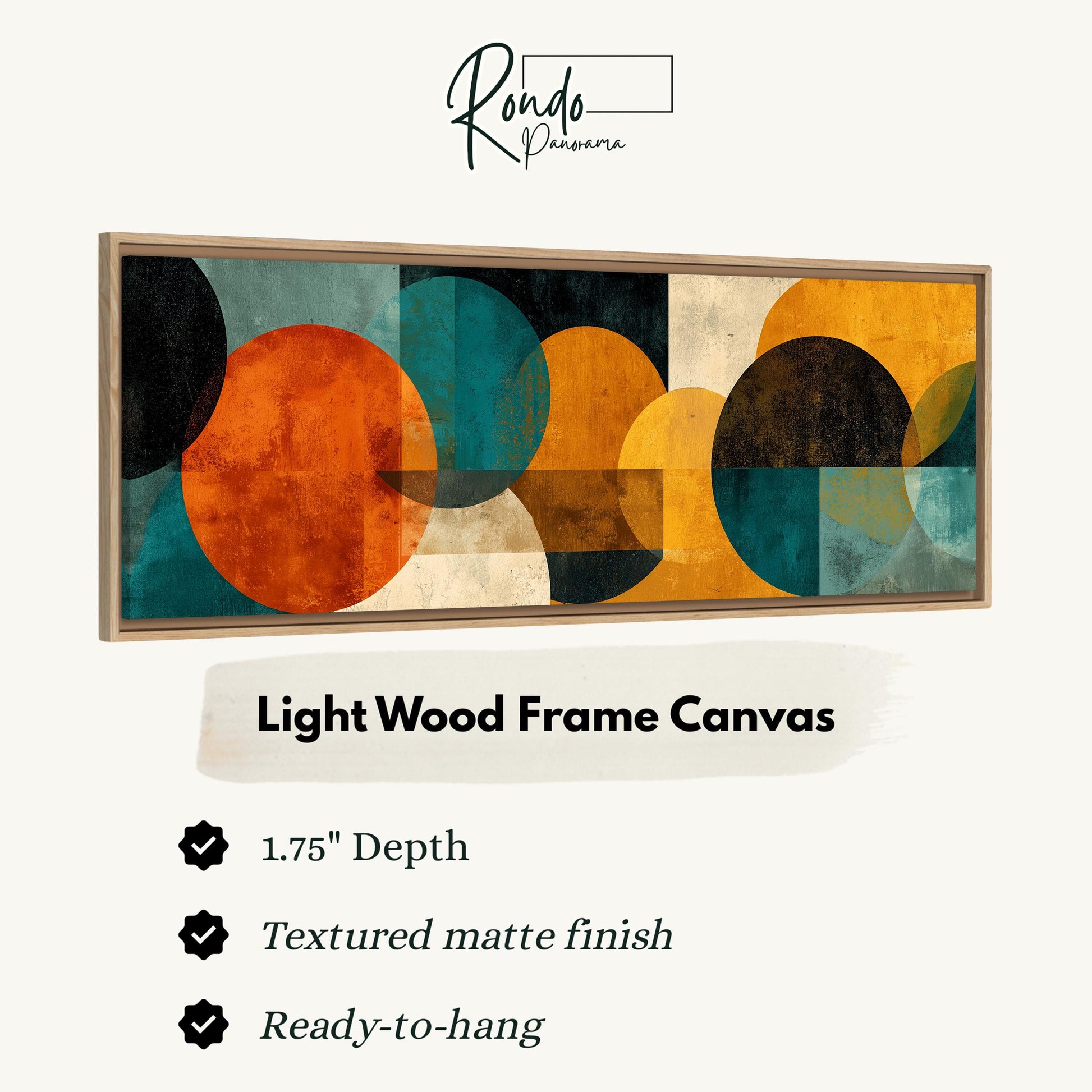 The image is a framed artwork featuring abstract geometric shapes in various colors, including orange, green, and blue. The frame is described as a light wood frame canvas, with a depth of 1.75" and a textured matte finish. The artwork is ready to hang.
