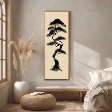 a serene and minimalist bedroom setting with a large framed picture of a tree hanging on the wall. The room has a bed, a bench, and a potted plant, creating a calm and peaceful atmosphere.