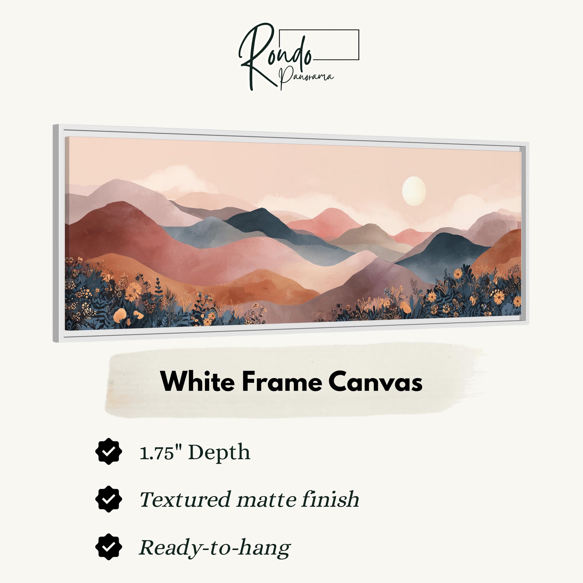 The image is a white frame canvas depicting a landscape with mountains and flowers.