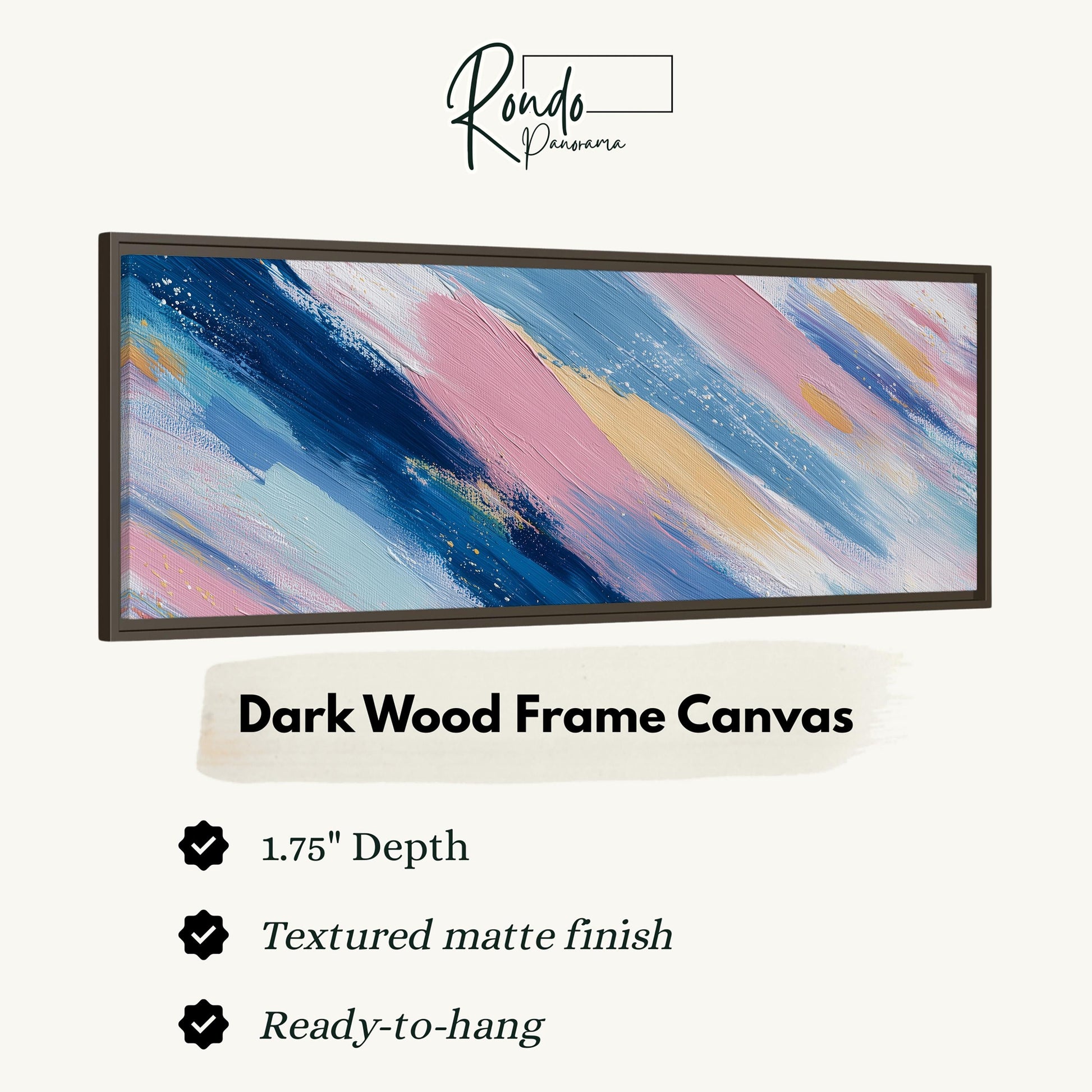 The image is a product advertisement for a dark wood frame canvas. It features a close-up of the canvas with a textured finish and a 1.75" depth. The text highlights the features of the canvas, such as the textured matte finish and the ready-to-hang nature of the frame.