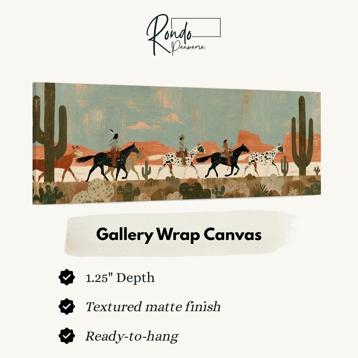 Riders on spotted horses across a red rock desert gallery wrap canvas with the image wrapped around the edges