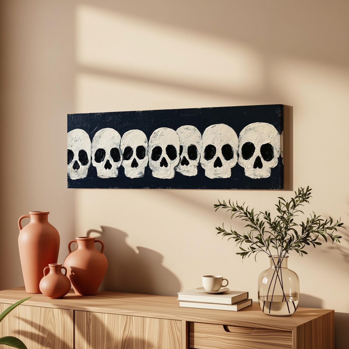 Row of white skulls on navy long horizontal canvas print above a wooden sideboard