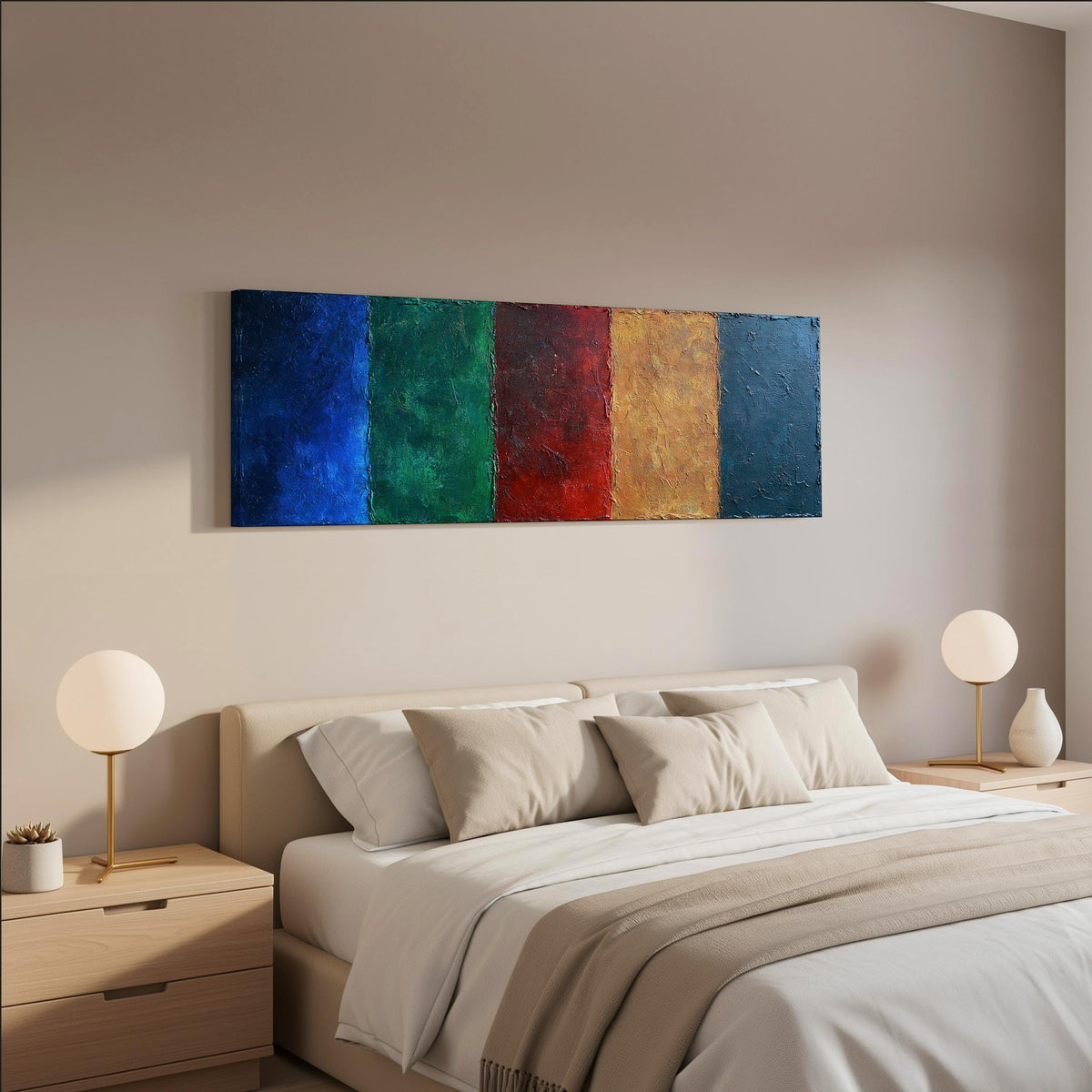 Textured jewel tone vertical bands wide panoramic canvas print above a bed in a neutral bedroom