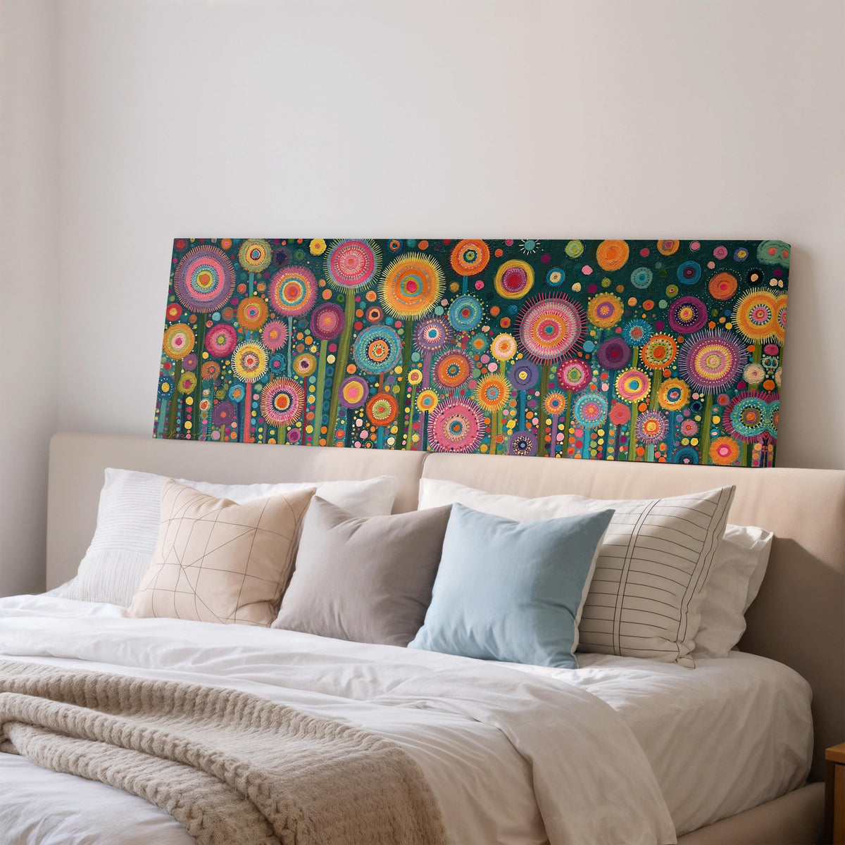 Circle flower garden on teal wide panoramic canvas print above a bed in a bedroom