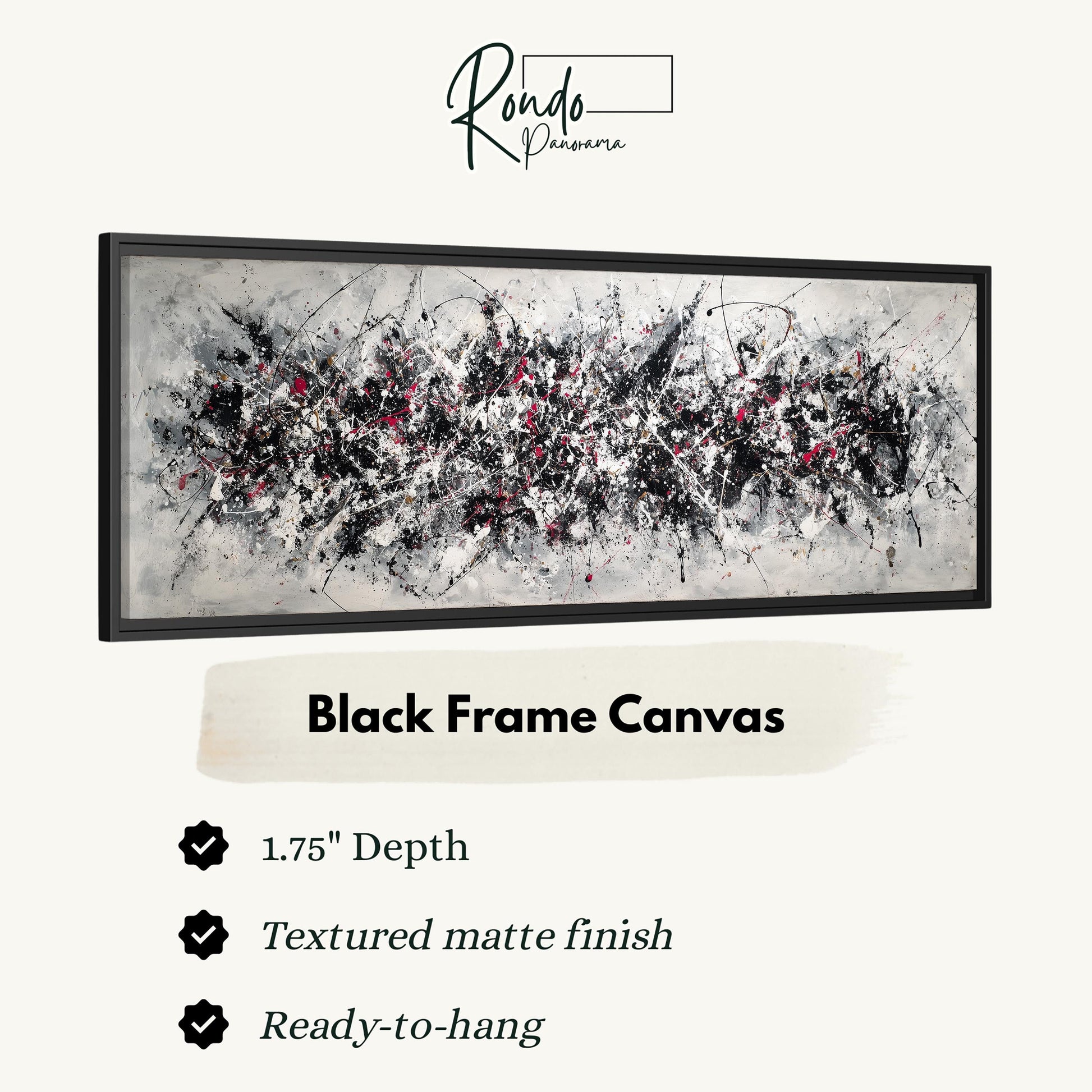 The image is a black frame canvas with a textured matte finish, measuring 1.75" in depth. It is ready to hang and has a textured matte finish.