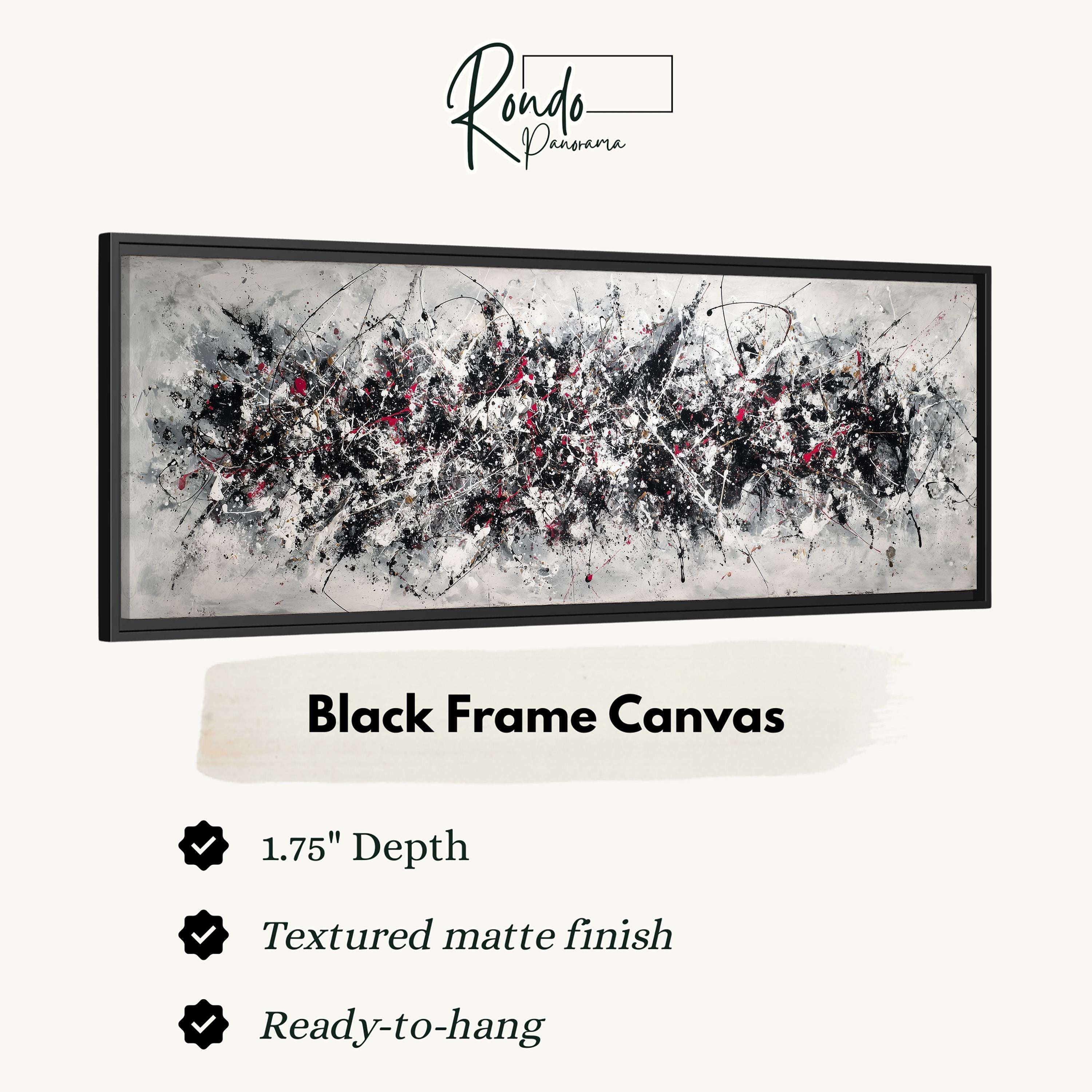 The image is a black frame canvas with a textured matte finish, measuring 1.75" in depth. It is ready to hang and has a textured matte finish.