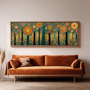 a large, vibrant painting of a forest scene hanging on a wall above a brown sofa.