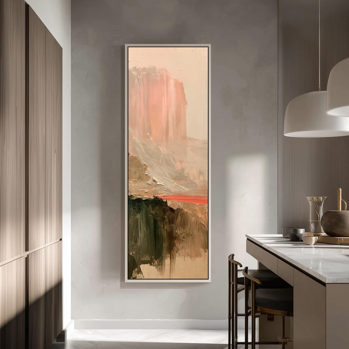 Abstract desert mesa and red river tall skinny canvas print in a modern kitchen