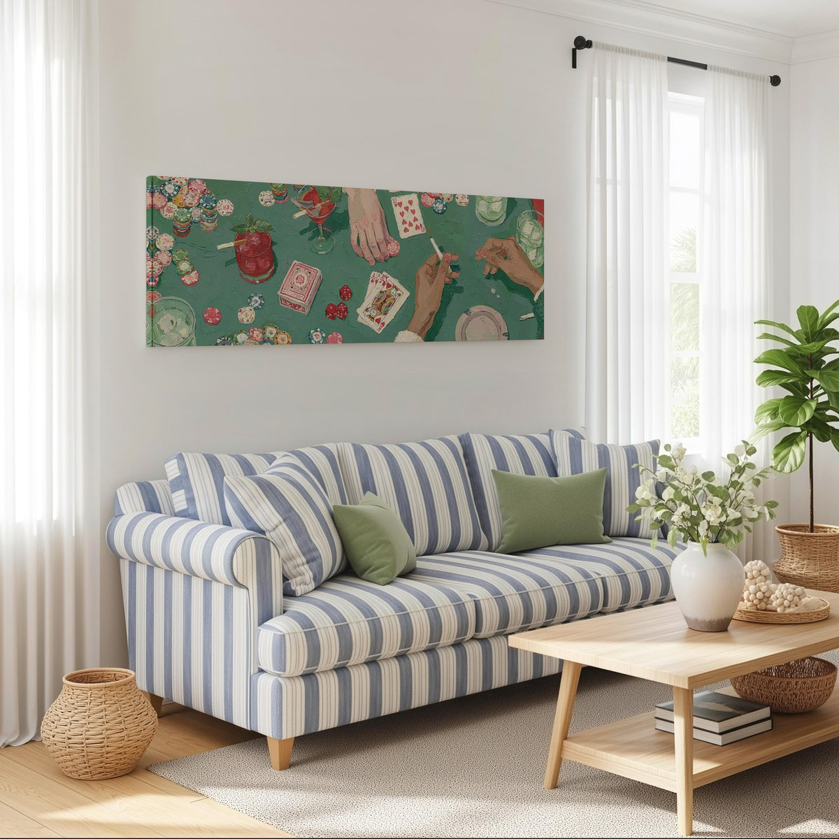 Vintage card game on green felt long horizontal canvas print above a striped sofa in a coastal living room