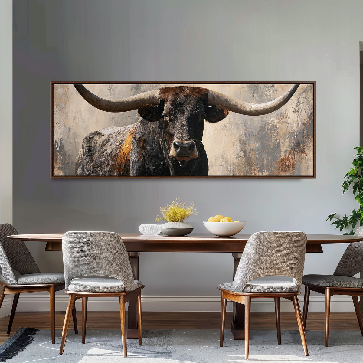 Longhorn bull portrait long horizontal canvas print above a dining table