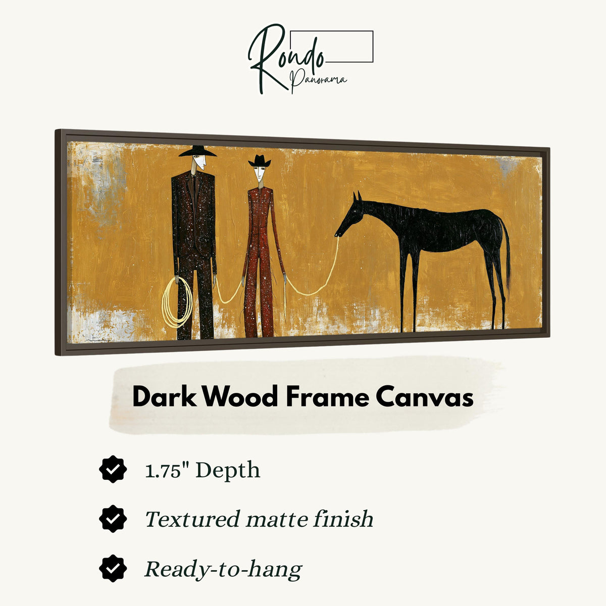 Two cowboys with a dark horse on gold canvas print in a dark wood floating frame