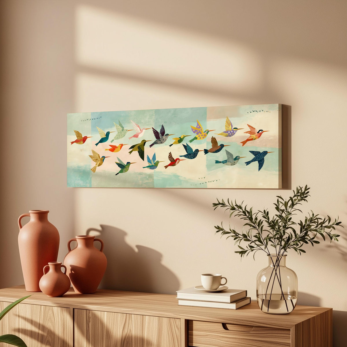 Flock of colorful hummingbirds long horizontal canvas print above a wooden sideboard