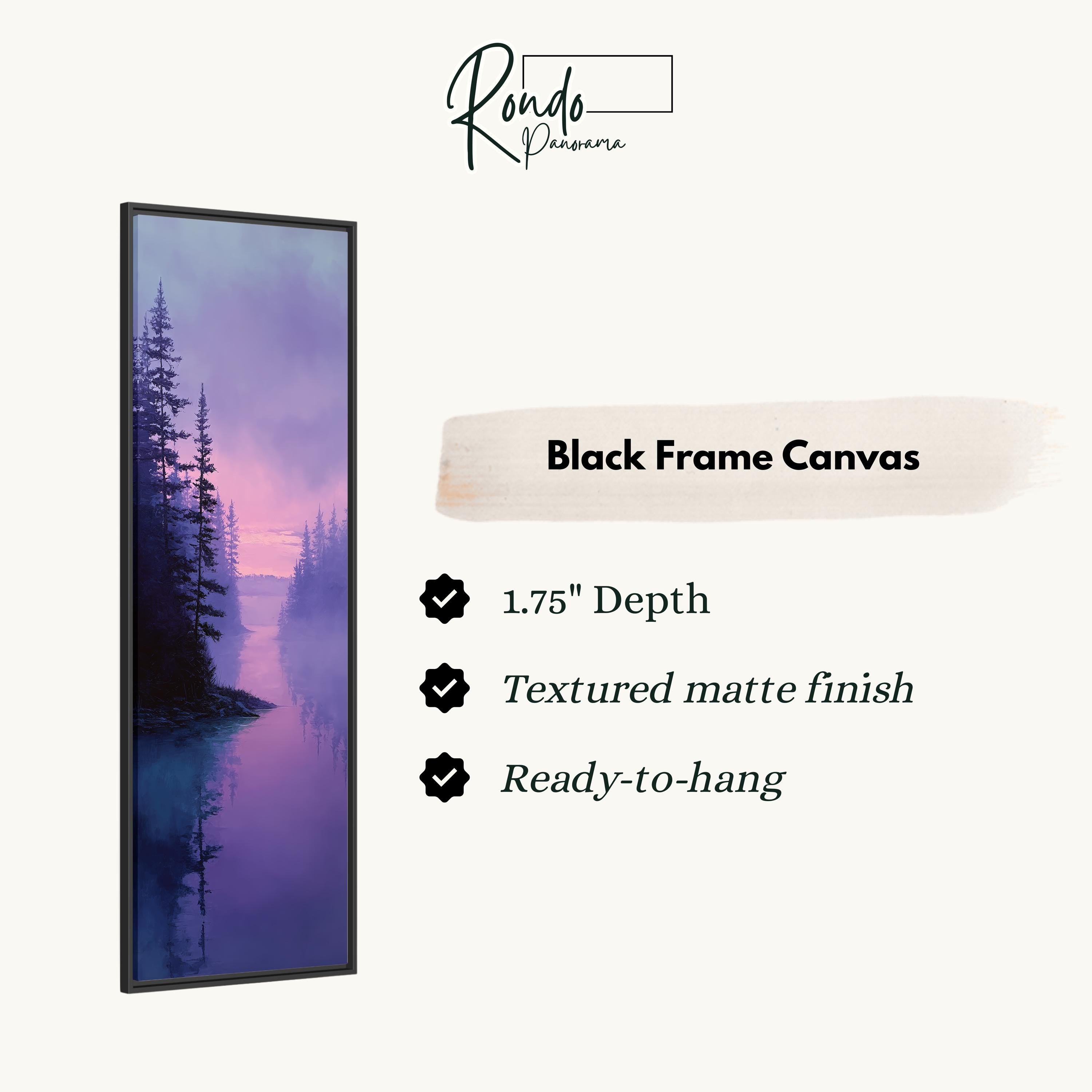 The image is a black frame canvas depicting a serene landscape with a forest and a body of water.