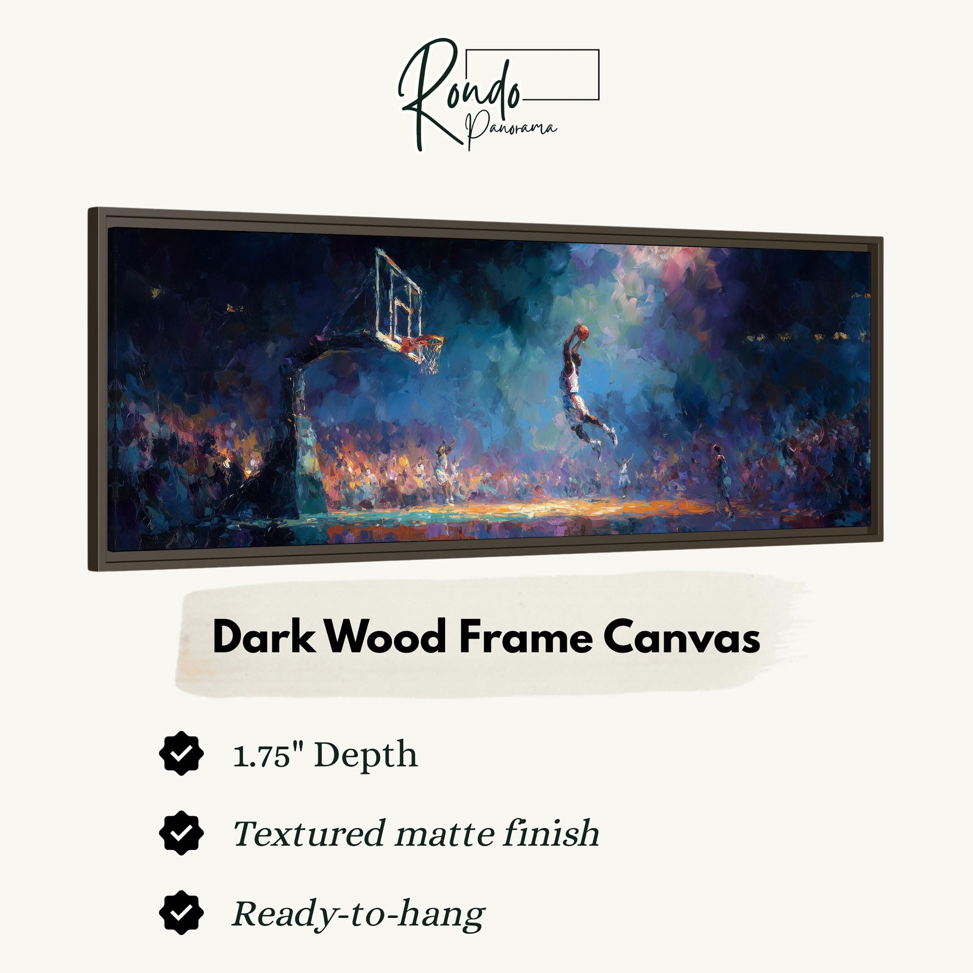 The image is a dark wood frame canvas depicting a basketball player jumping to dunk the ball.