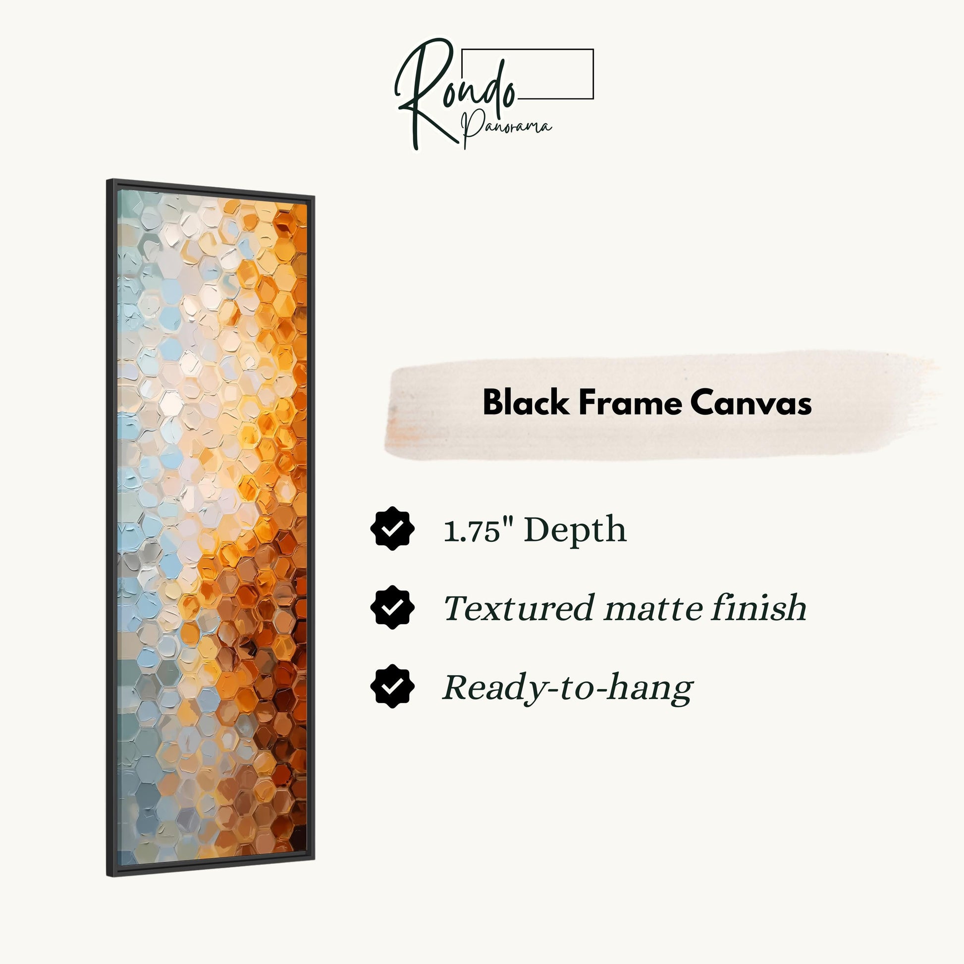 The image is a product advertisement for a black frame canvas. It features a close-up of a colorful abstract painting with a text box providing details about the product.