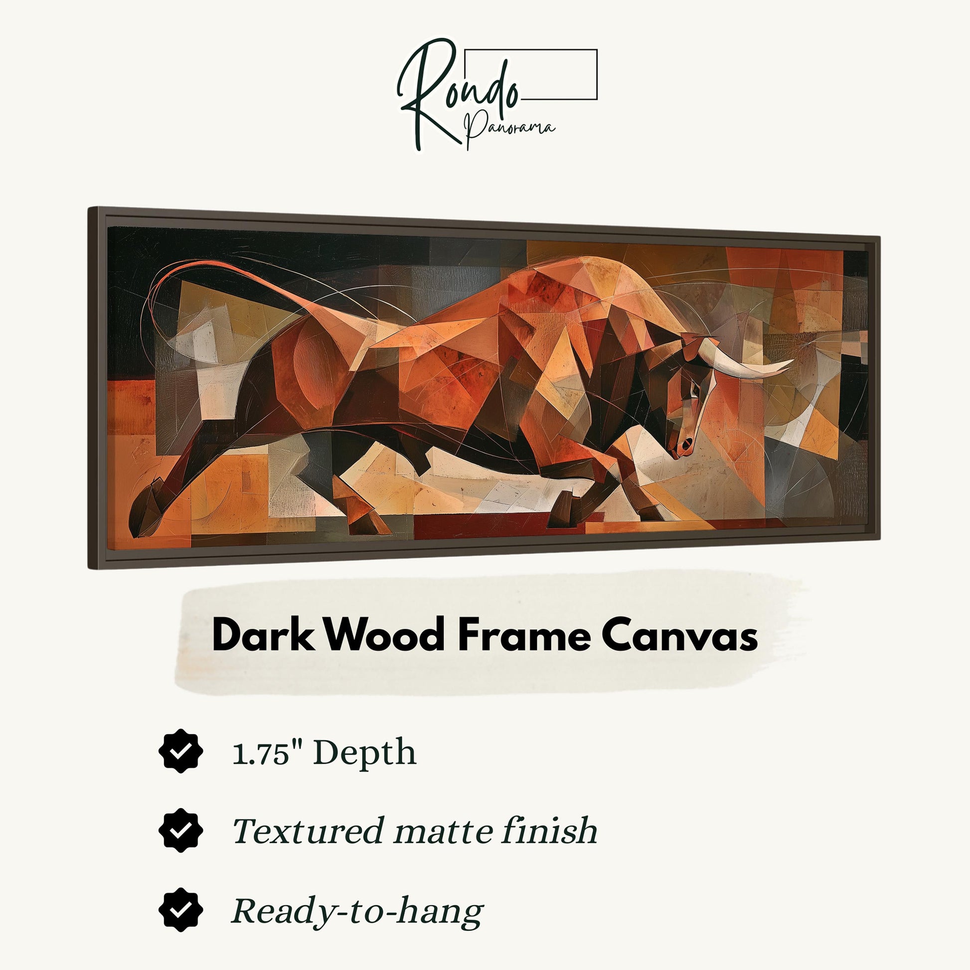 The image is a framed artwork depicting a bull in a dynamic pose, with a dark wood frame.