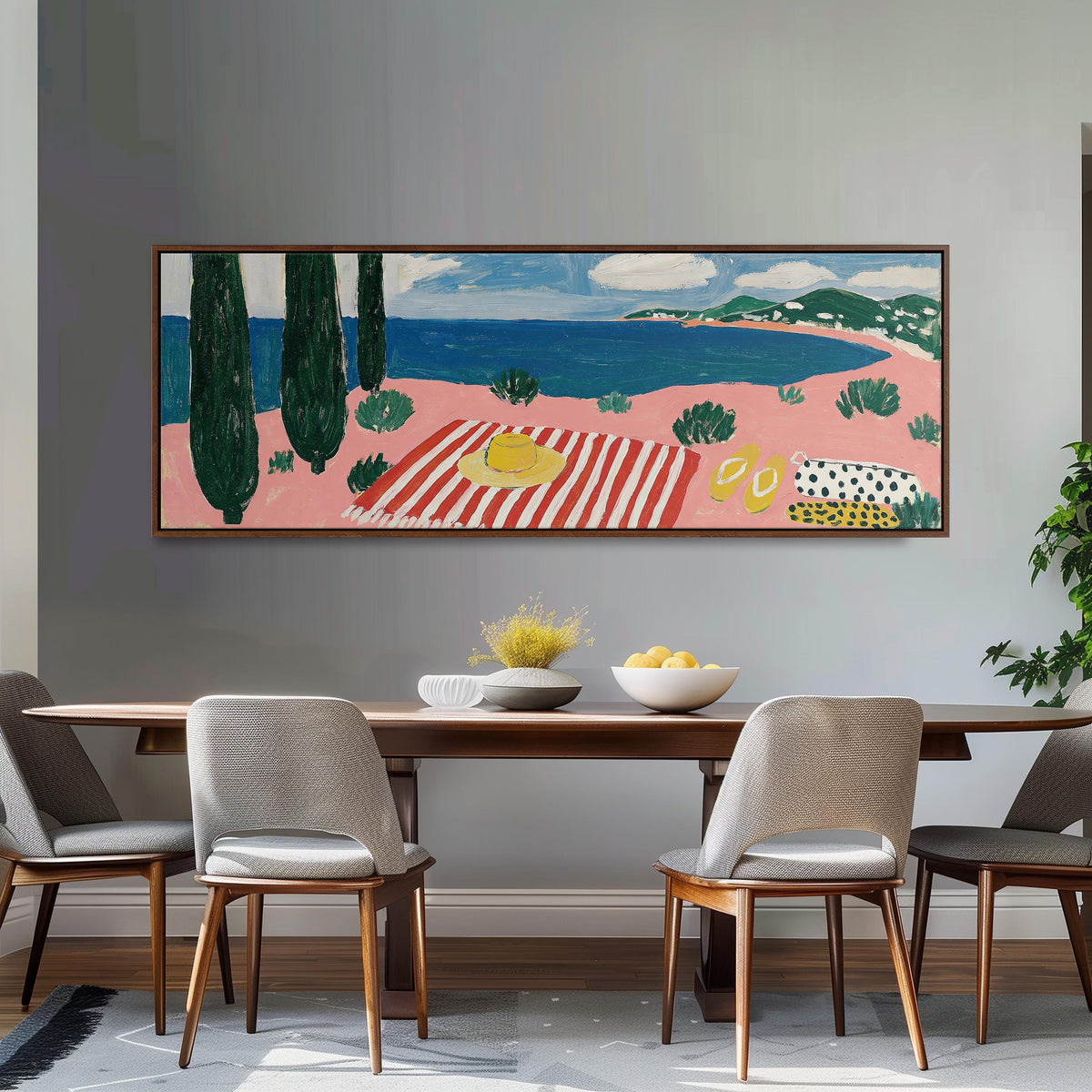 Mediterranean beach day with a striped towel long horizontal canvas print above a dining table