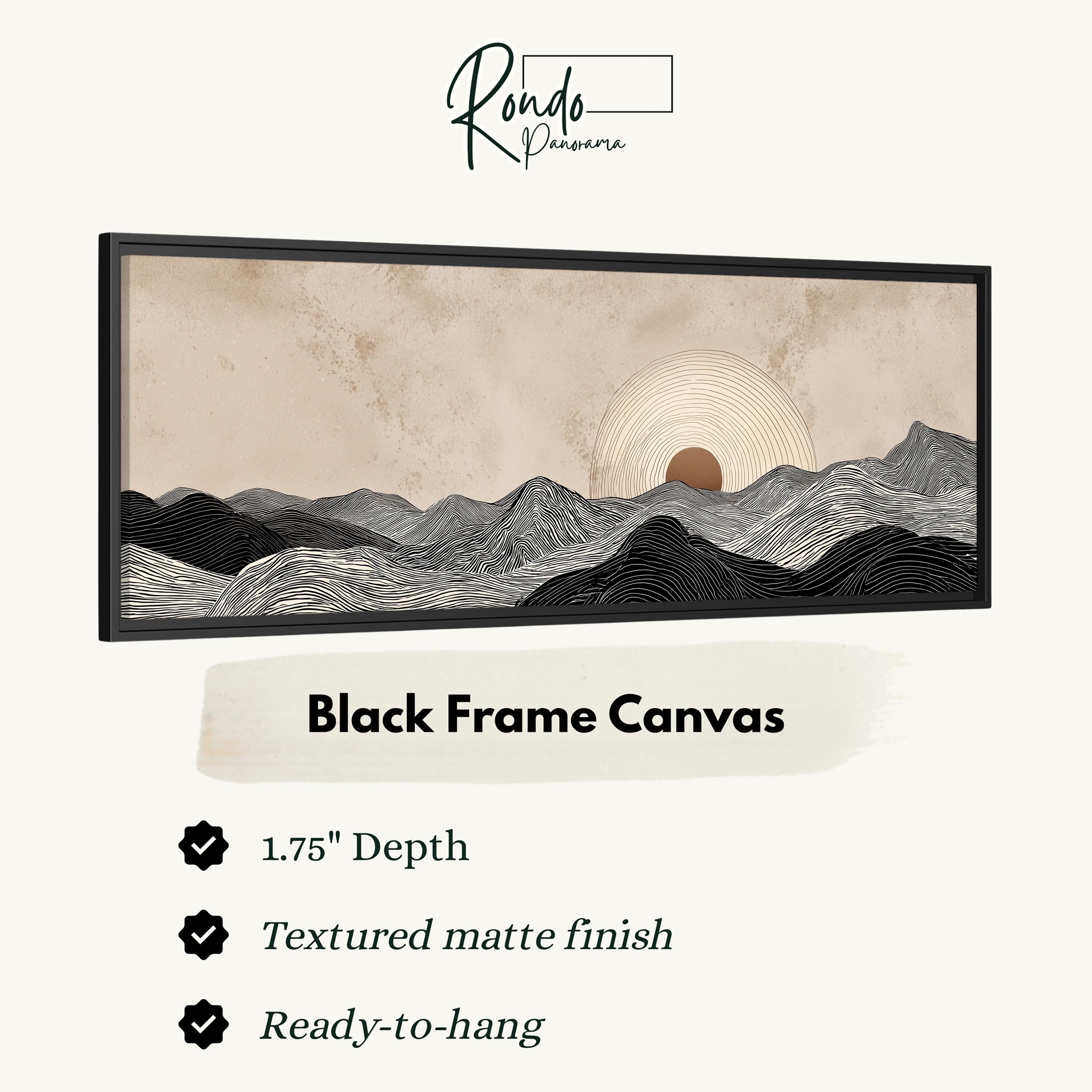 The image is a black frame canvas depicting a landscape with mountains and a sun.
