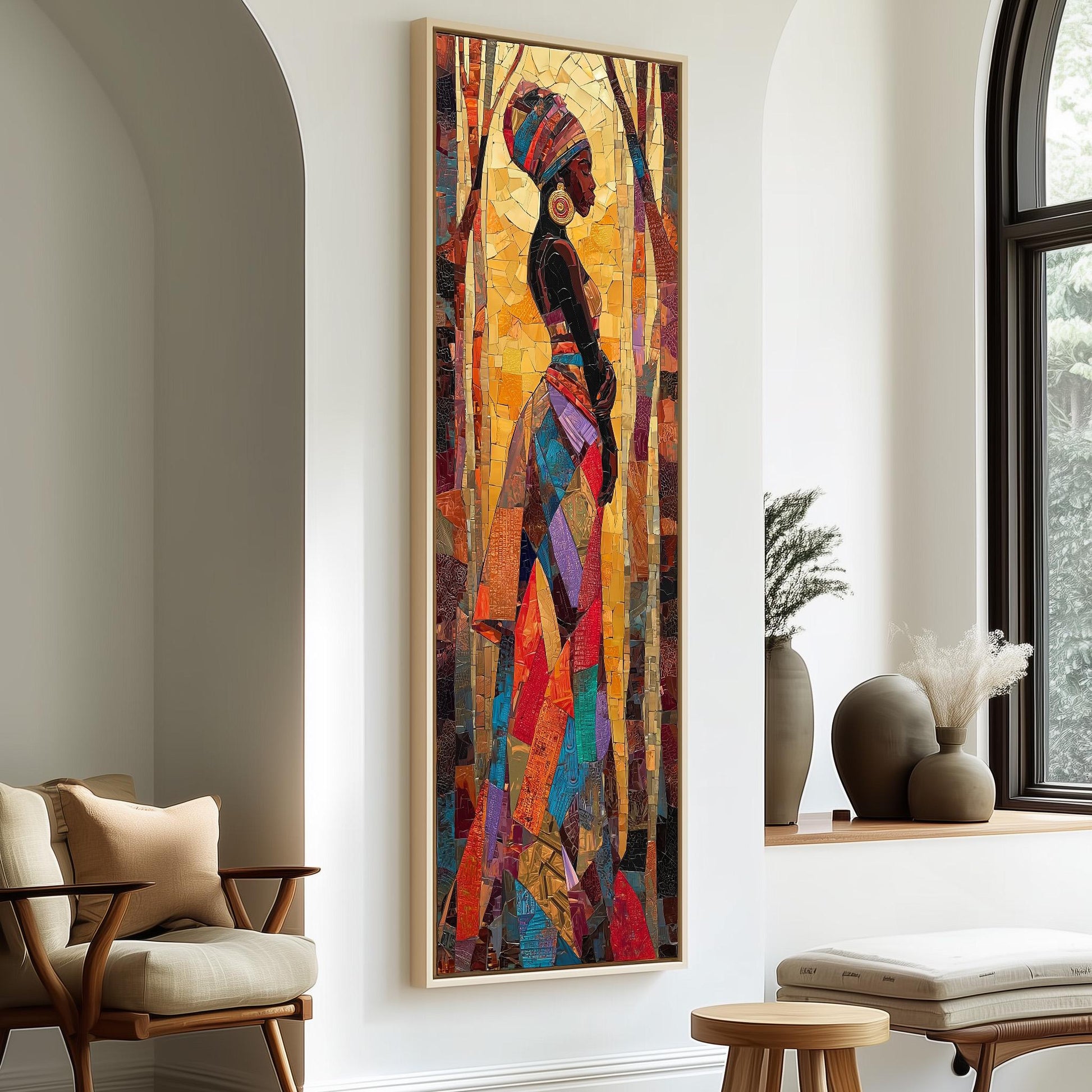 a large, colorful painting of a woman standing in a forest, hanging on a wall in a room with a wooden chair and a small table.