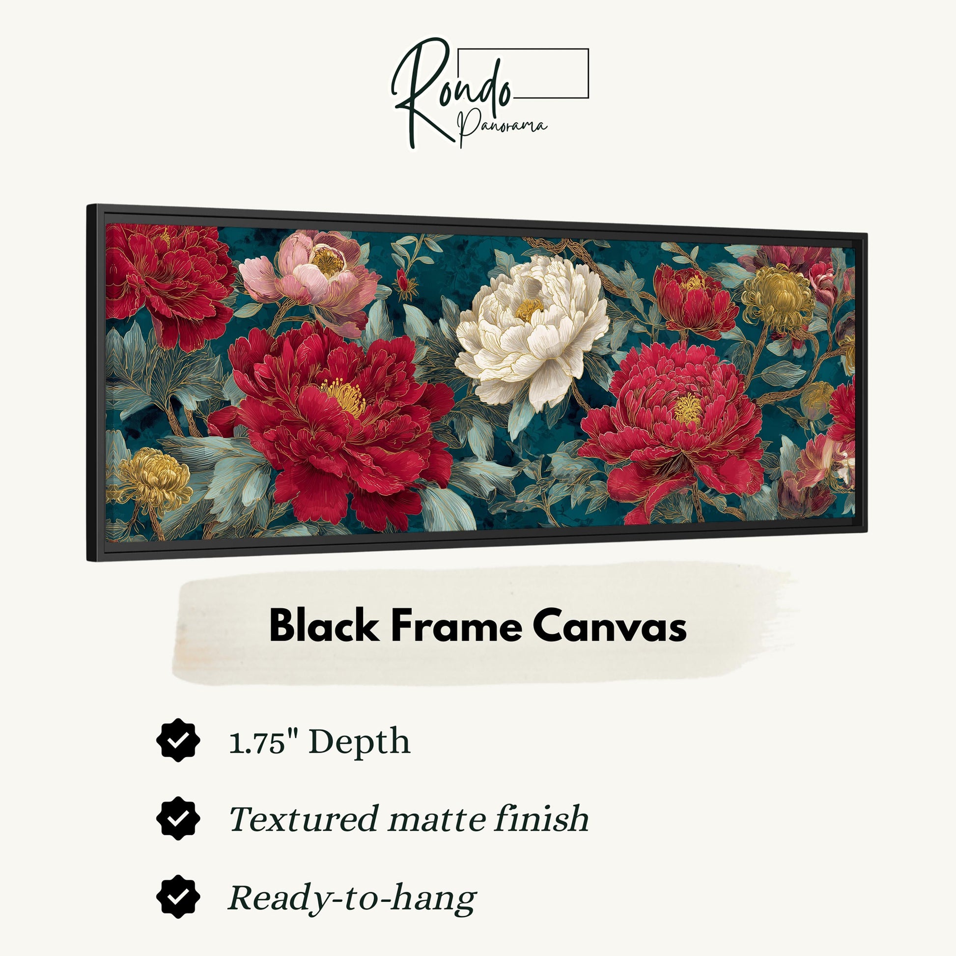 The image is a black frame canvas featuring a vibrant floral design with red and white flowers against a teal background.