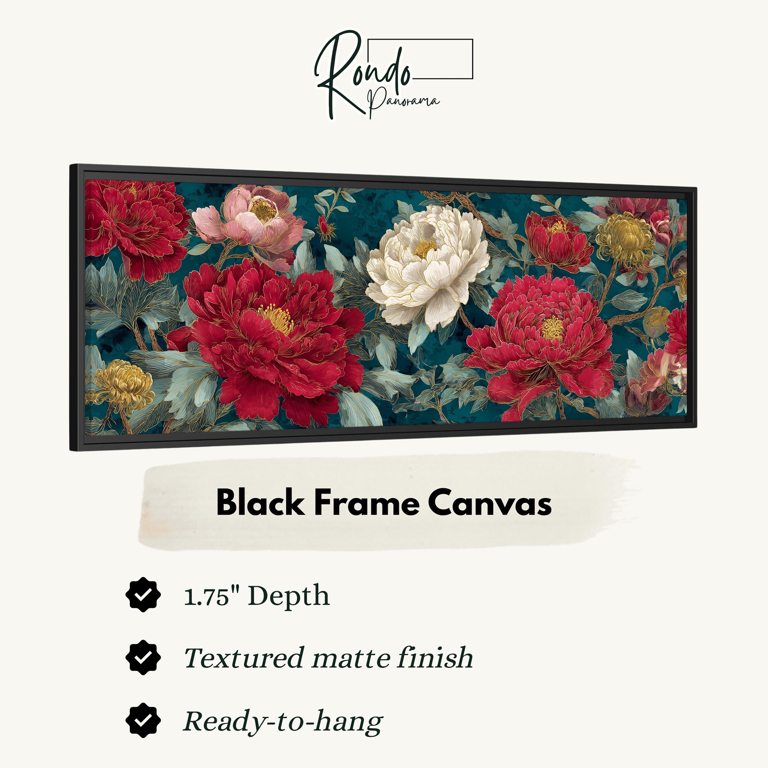 The image is a black frame canvas featuring a vibrant floral design with red and white flowers against a teal background.