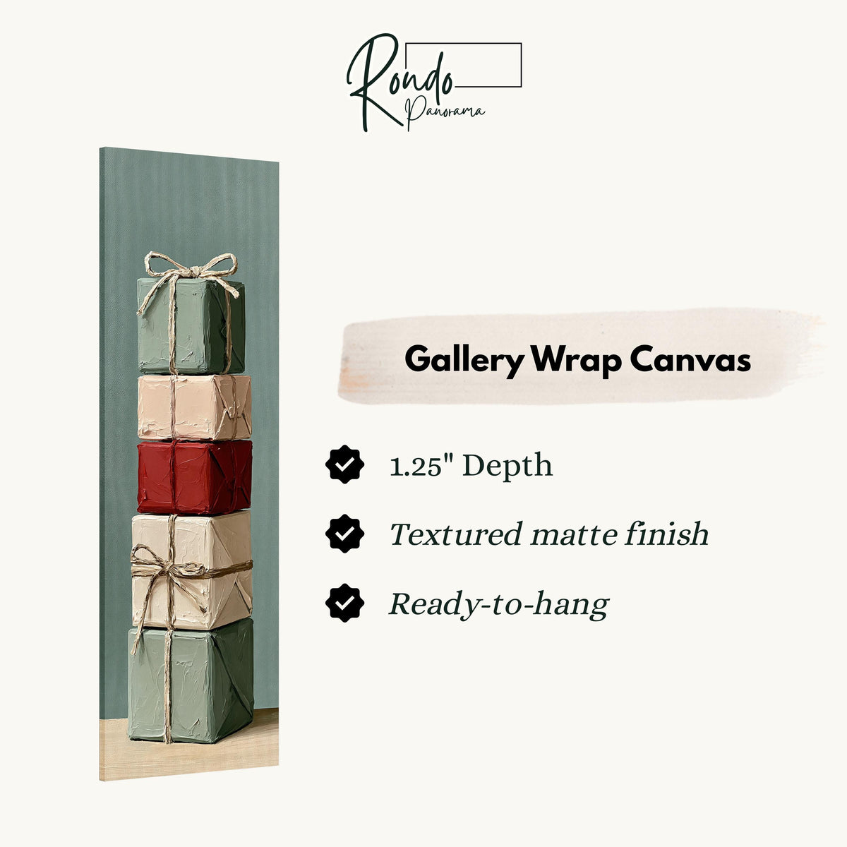 Stack of gifts tied with twine gallery wrap canvas with the image wrapped around the edges