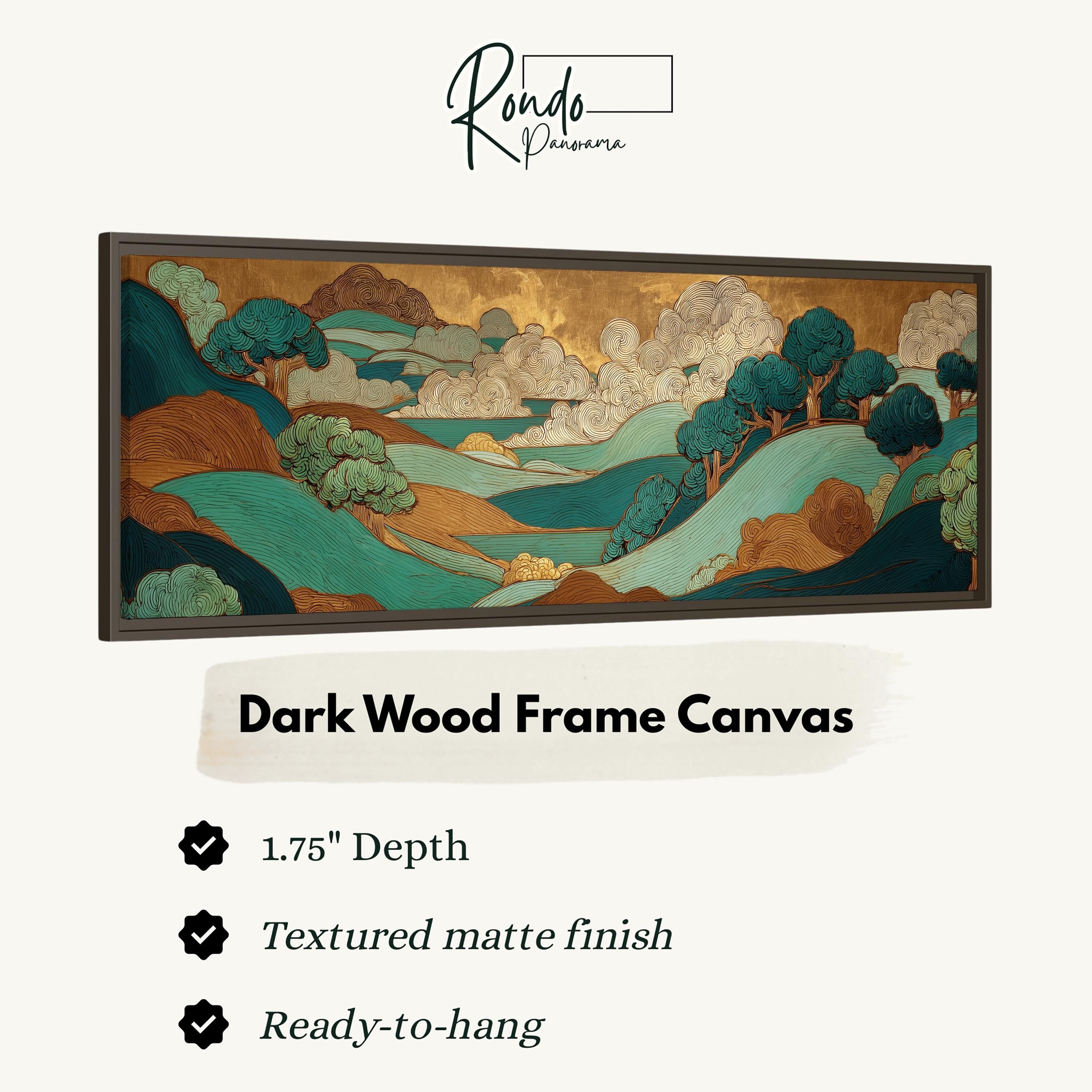 The image is a framed artwork depicting a landscape with mountains, trees, and a body of water. The frame is described as a dark wood frame canvas, which is 1.75" deep and has a textured matte finish. It is ready to hang.