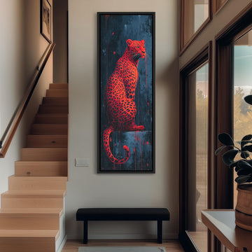 a large, vibrant painting of a leopard on the wall of a hallway.