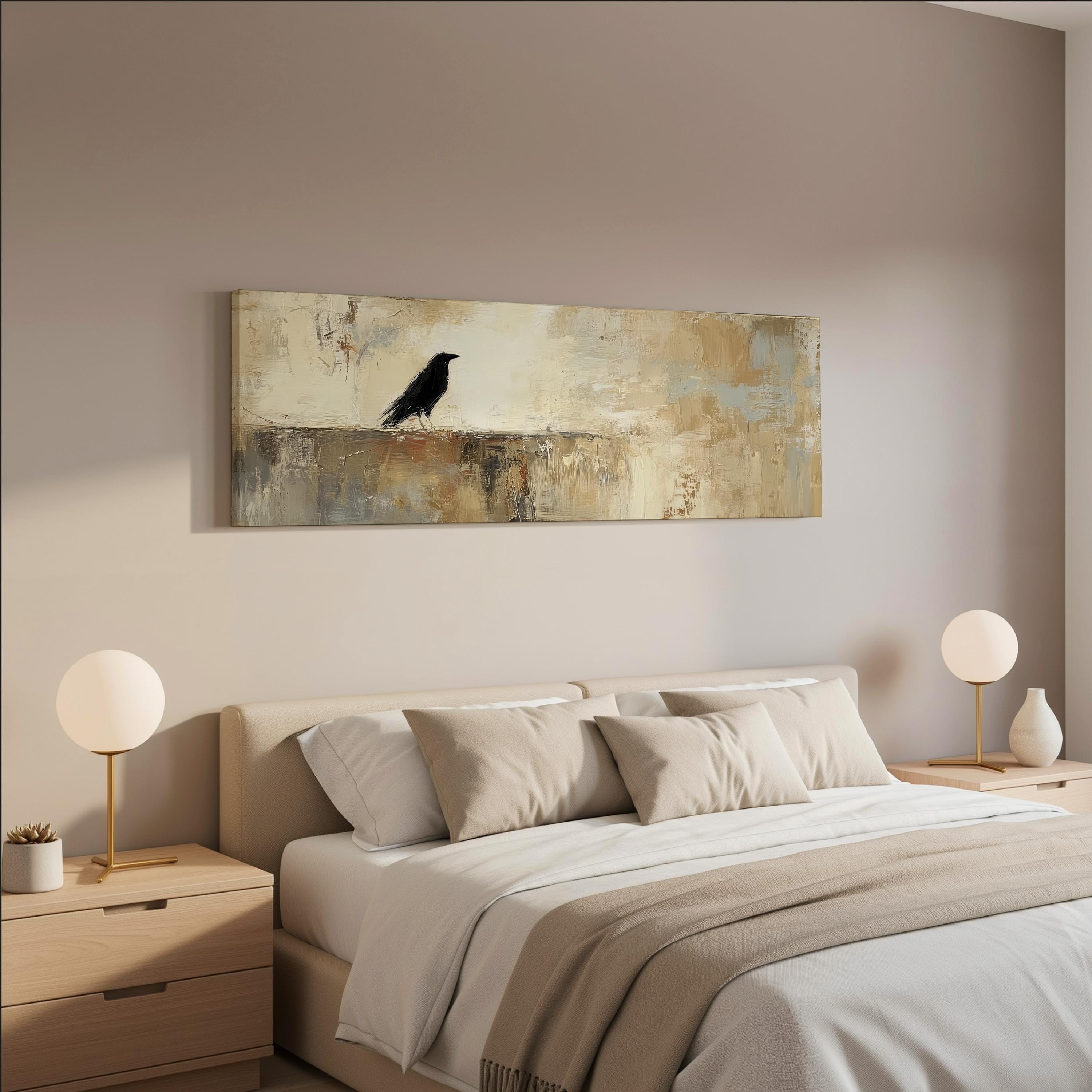 a serene bedroom scene with a large bed, two nightstands with lamps, and a painting of a black bird perched on a ledge above the bed.