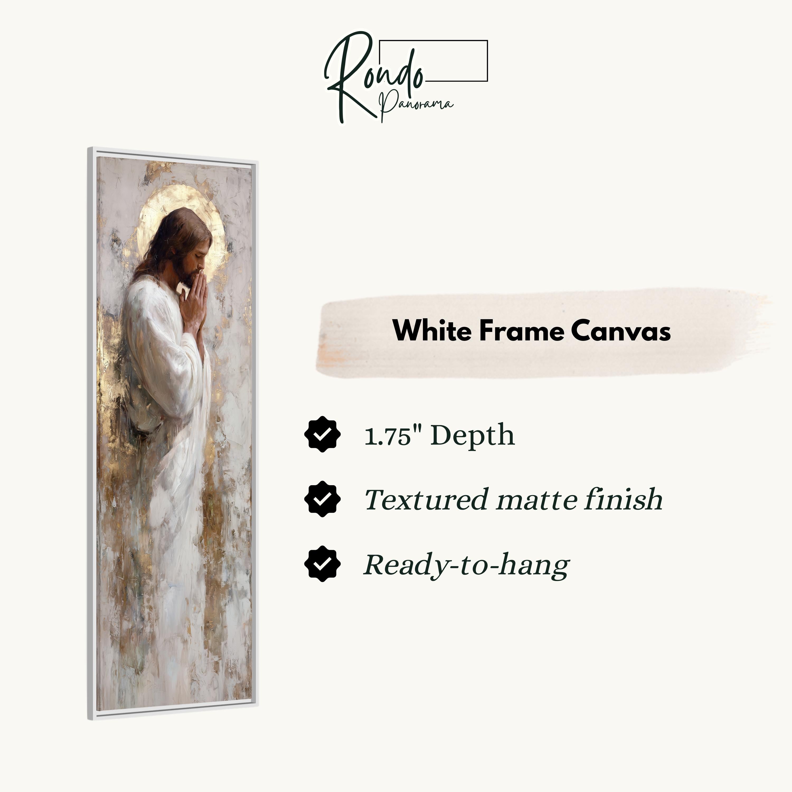 The image is a white frame canvas depicting a painting of Jesus with a halo.