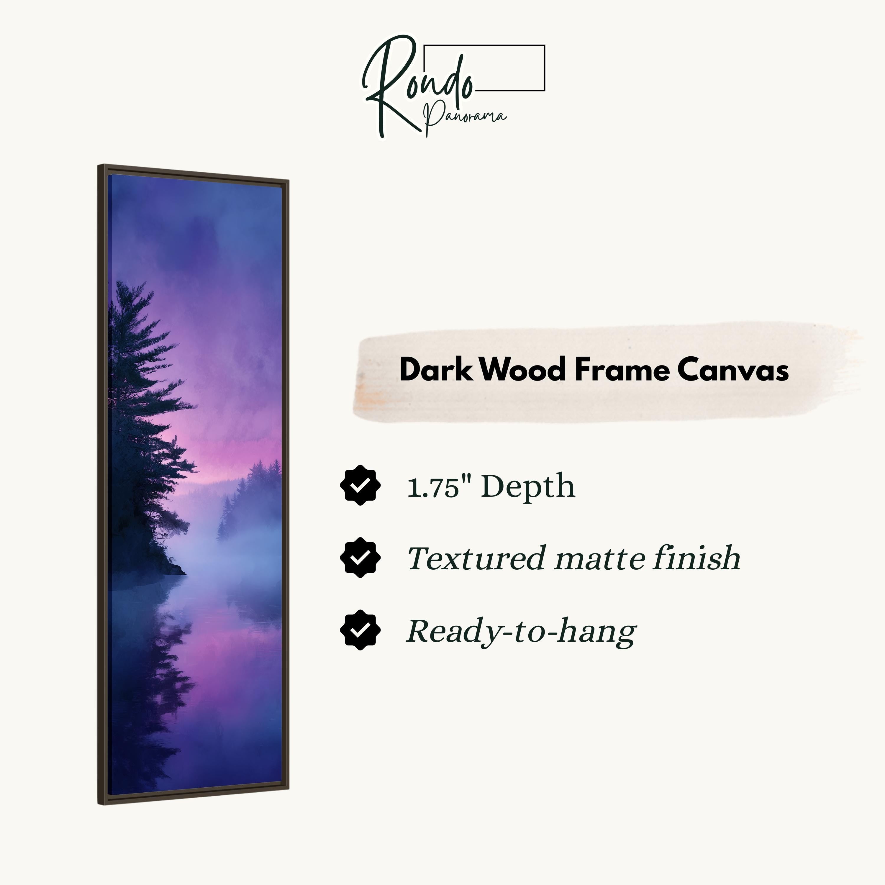 The image is a dark wood frame canvas depicting a serene landscape with a misty forest and a body of water.