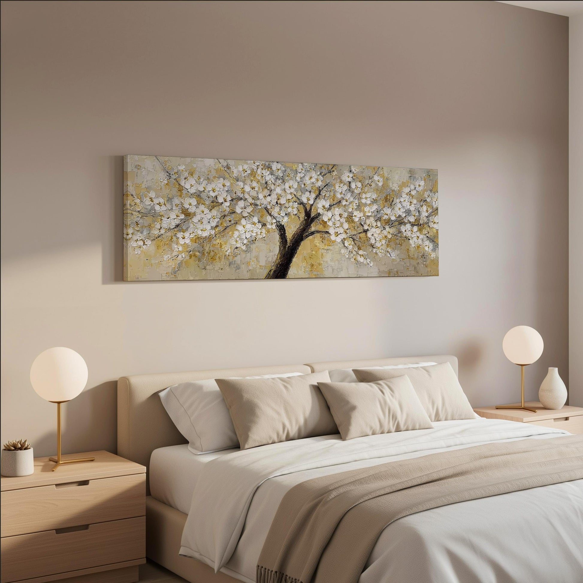 a serene bedroom scene with a large bed adorned with white and beige bedding, flanked by two white lamps on nightstands. Above the bed hangs a large painting of a tree with white flowers, creating a harmonious and visually appealing space.