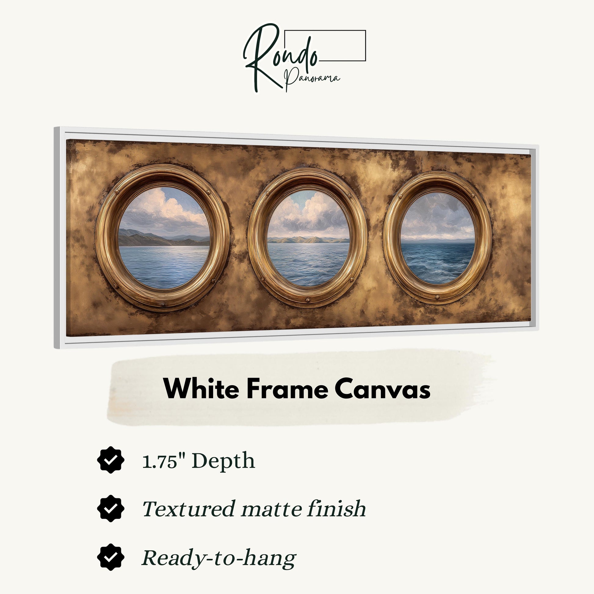 The image is a white frame canvas with three circular windows, each showing a different view of the ocean. The canvas has a 1.75" depth and is textured with a matte finish. It is ready to hang.