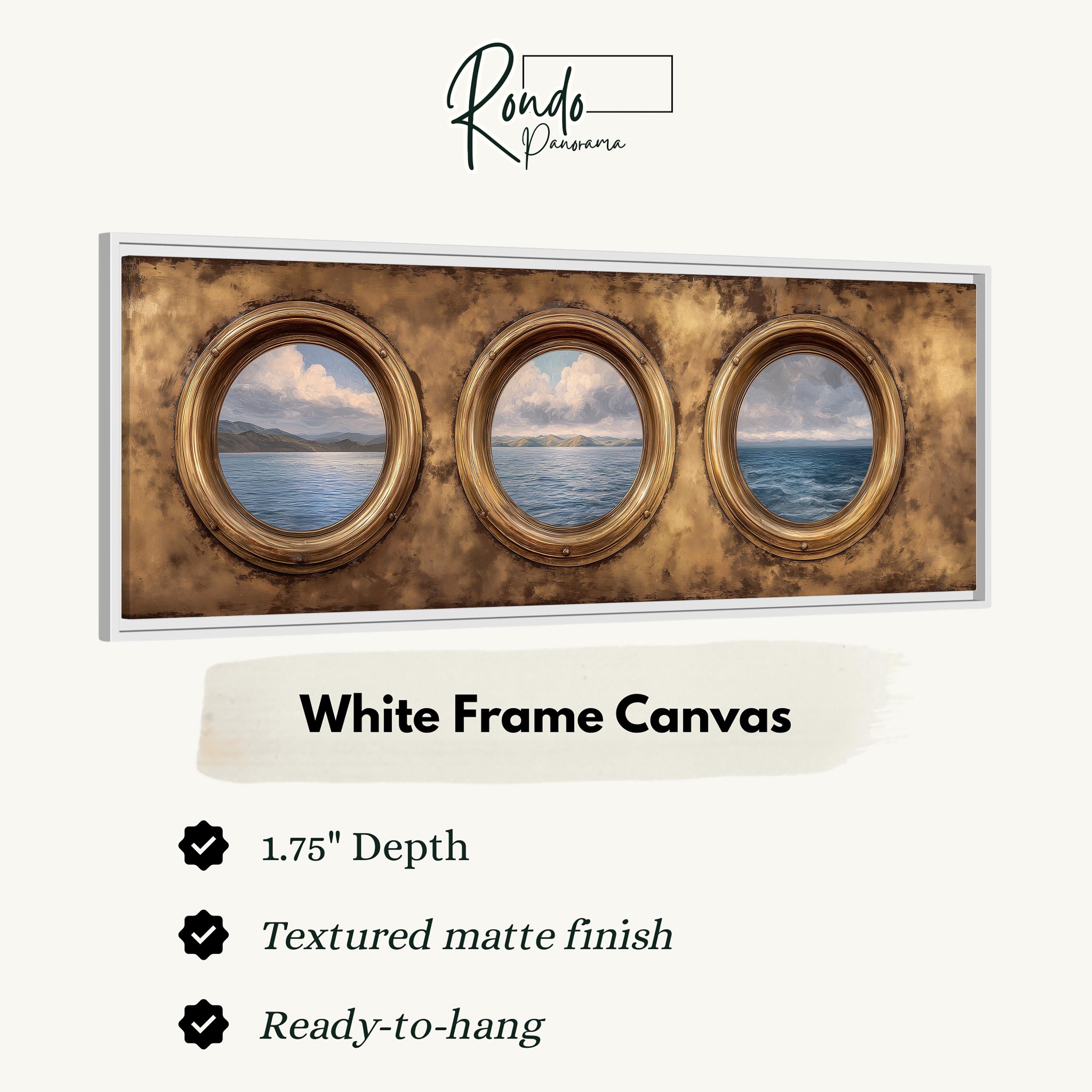 The image is a white frame canvas with three circular windows, each showing a different view of the ocean. The canvas has a 1.75" depth and is textured with a matte finish. It is ready to hang.