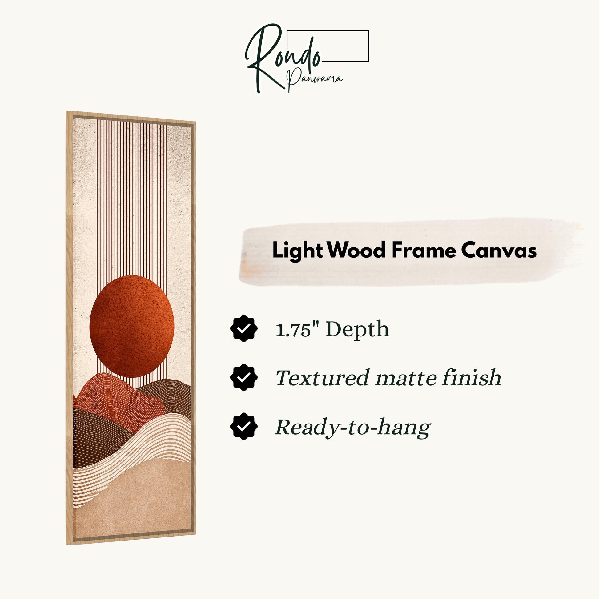 The image is a light wood frame canvas with a minimalist design featuring a large orange circle and a wavy pattern.
