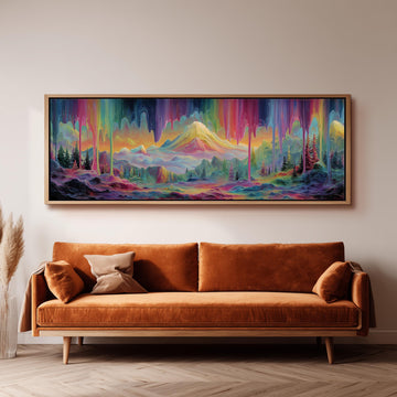a large, colorful painting of a mountainous landscape hanging on a wall above a brown sofa.
