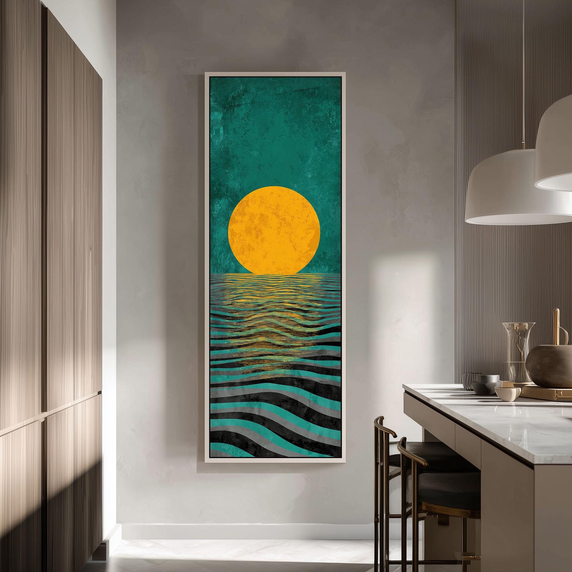 a large, colorful painting of a sunset over a body of water, hanging on a wall in a modern kitchen.