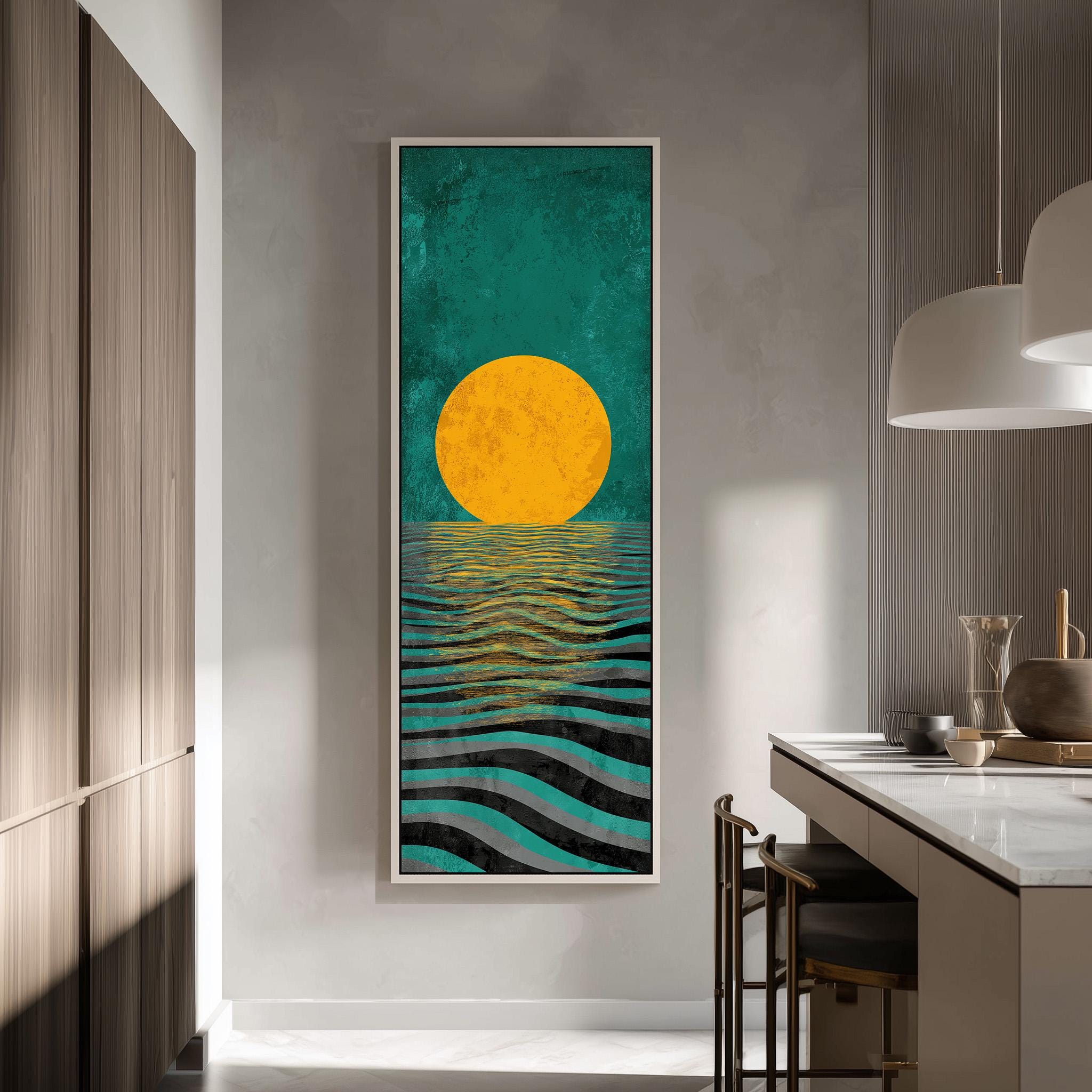 a large, colorful painting of a sunset over a body of water, hanging on a wall in a modern kitchen.