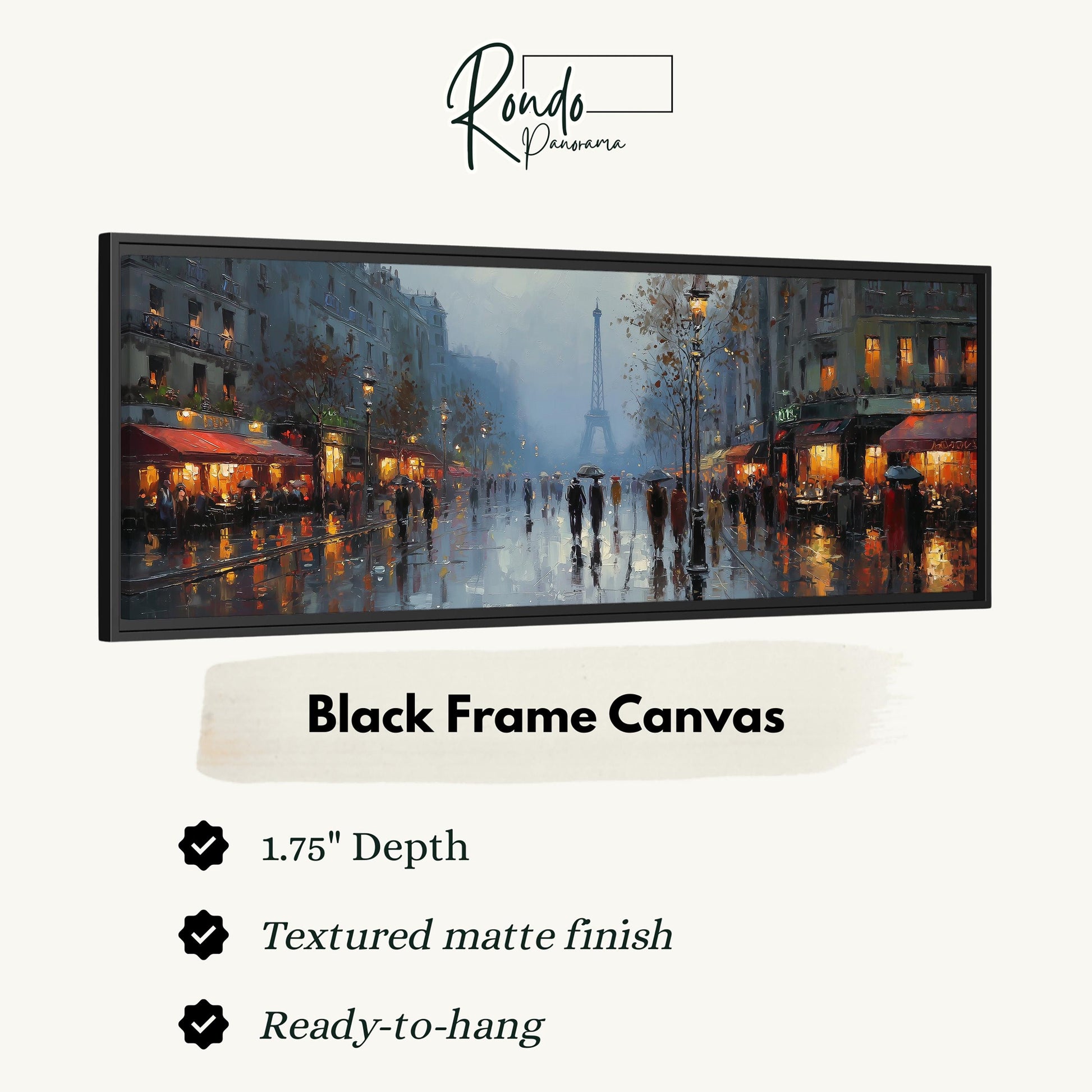 The image is a black frame canvas depicting a rainy city street scene with people walking and buildings illuminated by streetlights.