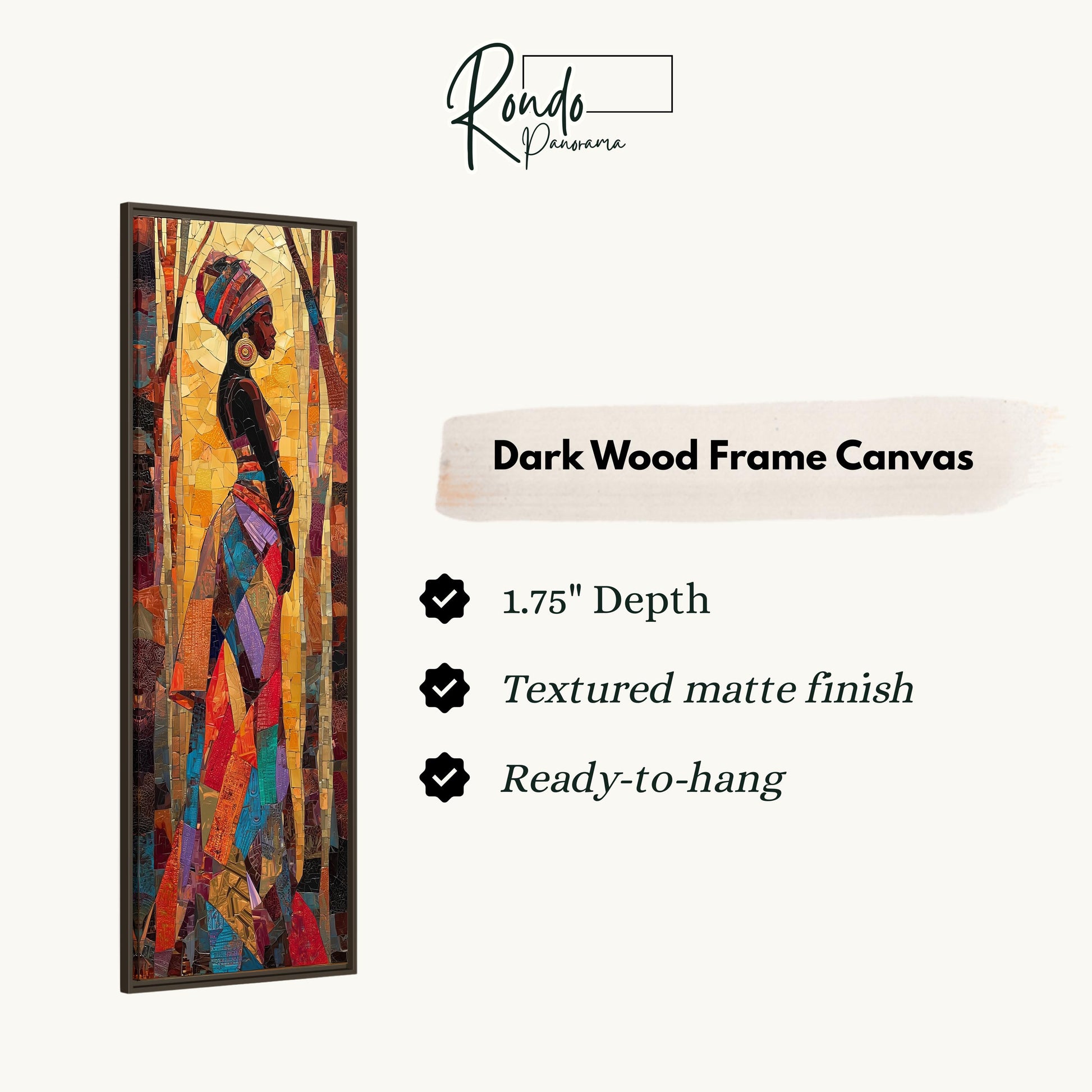 The image is a rectangular dark wood frame canvas featuring a colorful abstract painting of a woman.