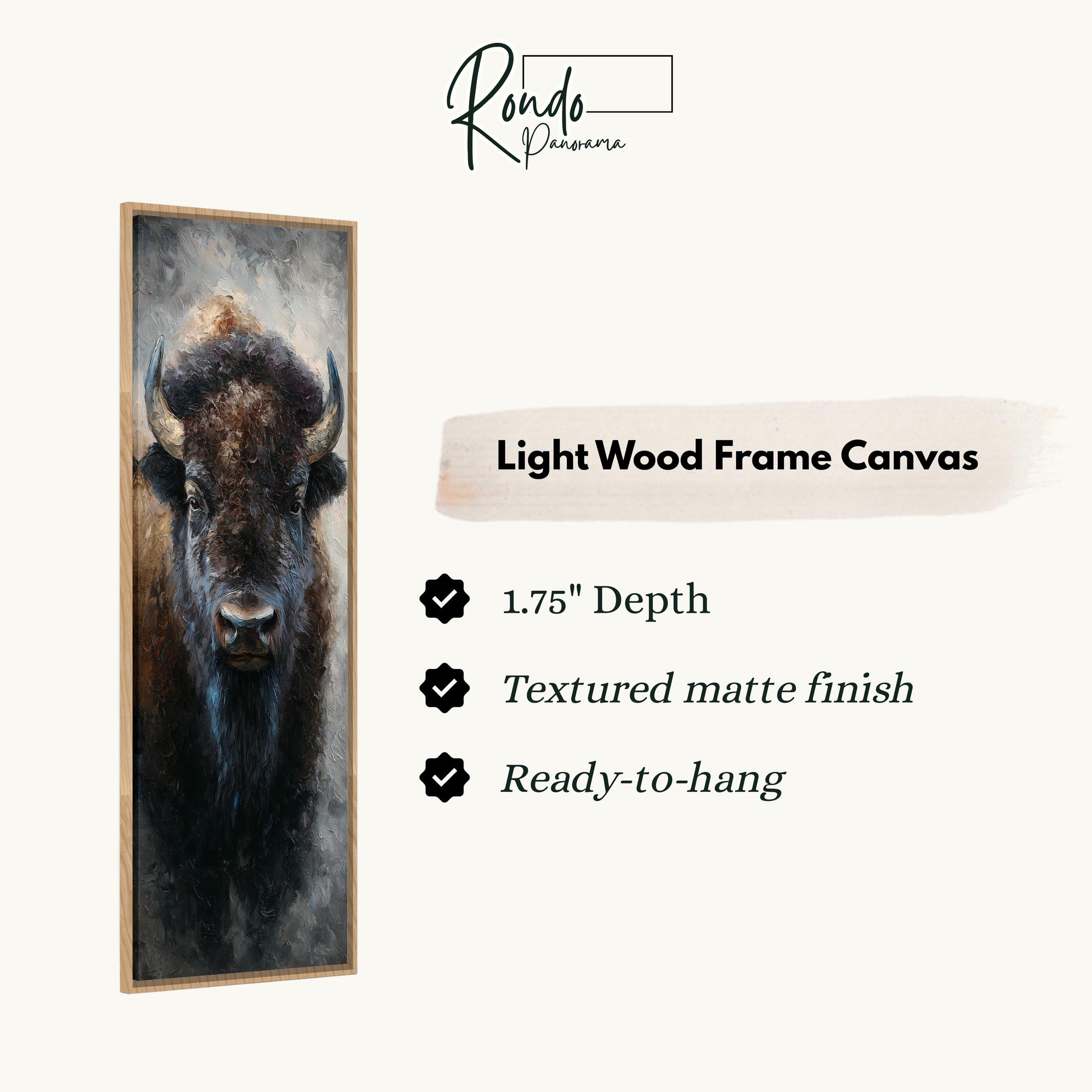 a close-up of a buffalo's head in a light wood frame, with a text box providing information about the frame.