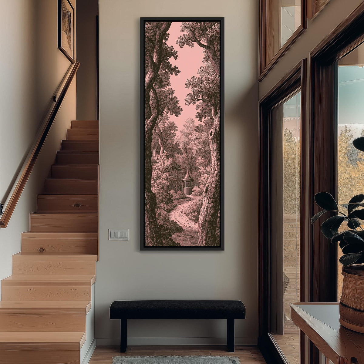 Vintage engraving of a garden path in pink tall narrow canvas print beside a staircase in an entryway