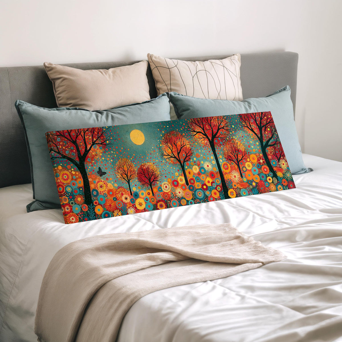 Folk art autumn forest with flowers wide panoramic canvas print laid on a bed to show its size