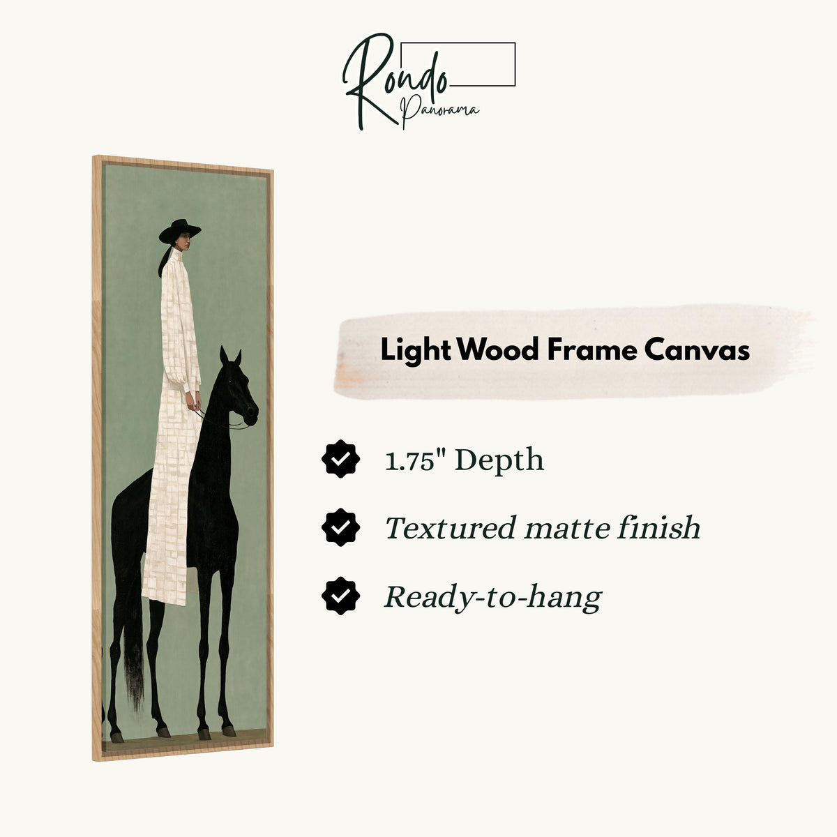 Woman in a long coat beside a black horse canvas print in a light wood floating frame